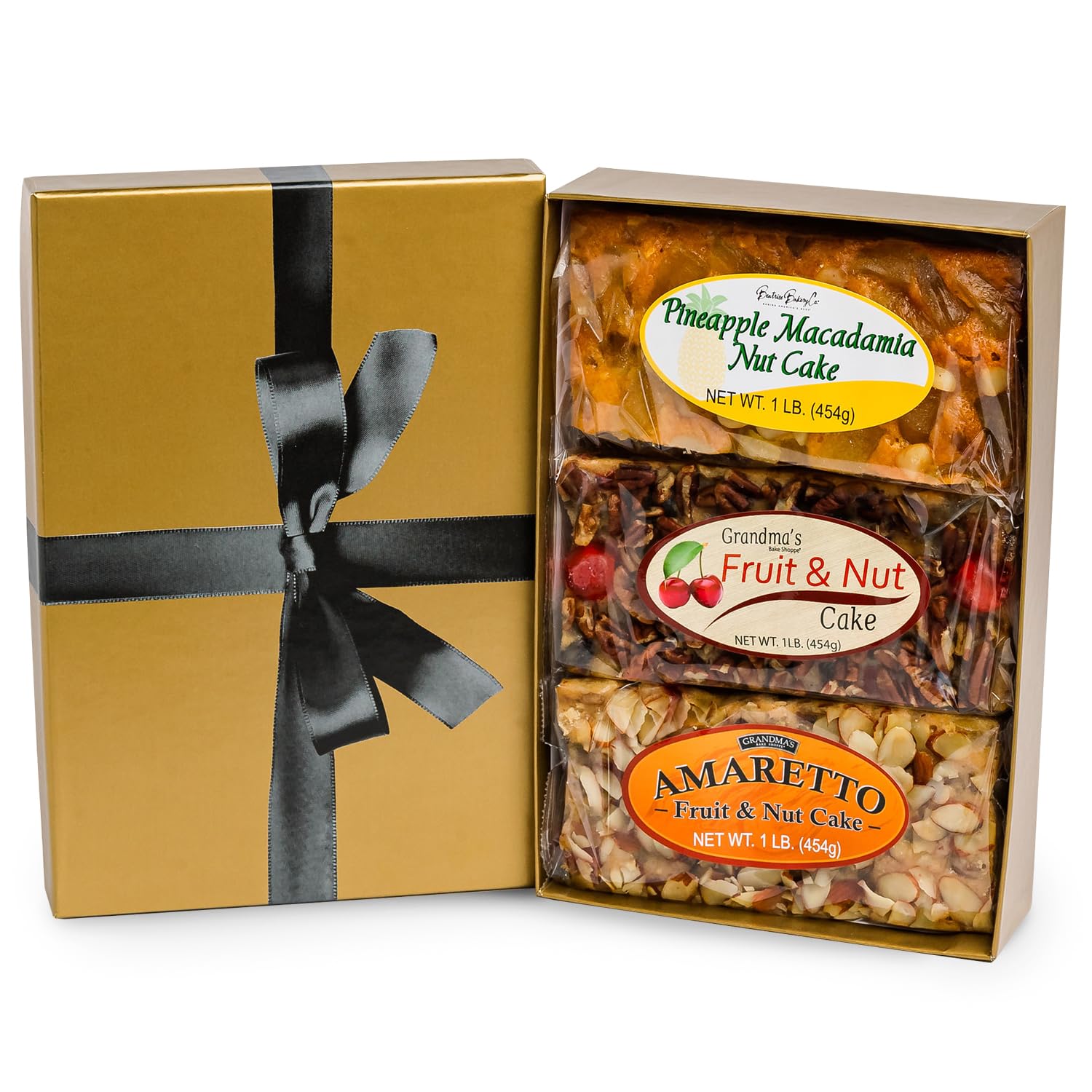 Beatrice Bakery Co. Heavenly Trio, Grandma's Old Fashioned Fruit and Nut Freshly Made, Brandy, Bourbon and Rum Fruitcake, Est. 1917 (3 Count, 16 oz Each)