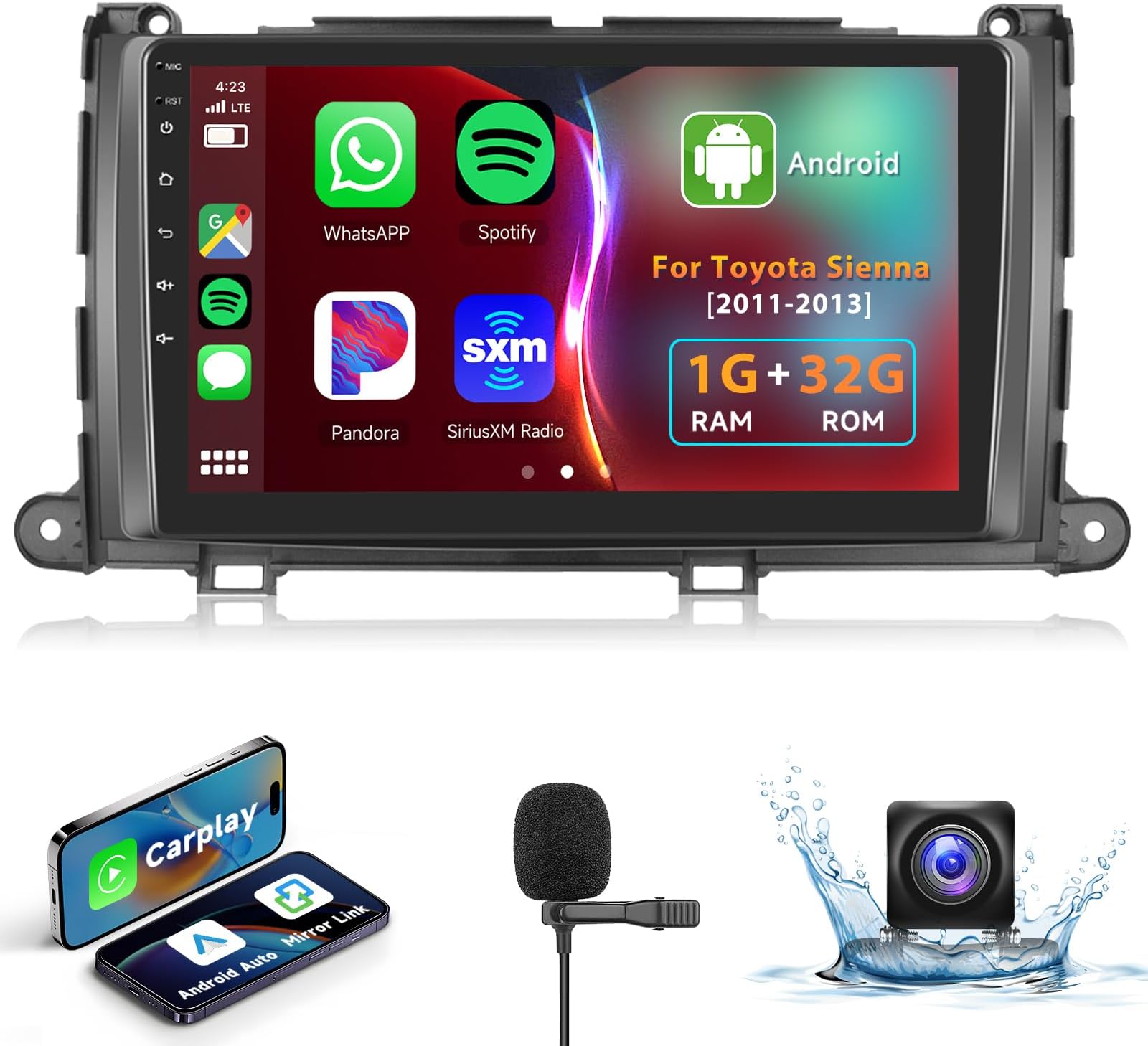 HiFi Android-12 Car Radio for 2011 2012 2013 2014 Toyota Sienna with Wireless Carplay Android Auto DAB+,9inch HD IPS Touch Screen Bluetooth Stereo 16EQ GPS WiFi OBD2 SWC AHD Backup Camera+Mic