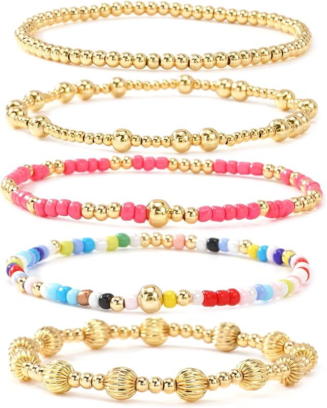 14K Gold Plated Pearl Beaded Cross Bracelets Stack Set for Women,Stretch Boho Colorful Christian Beads Ball Jewelry Friendship Summer Trendy Gift