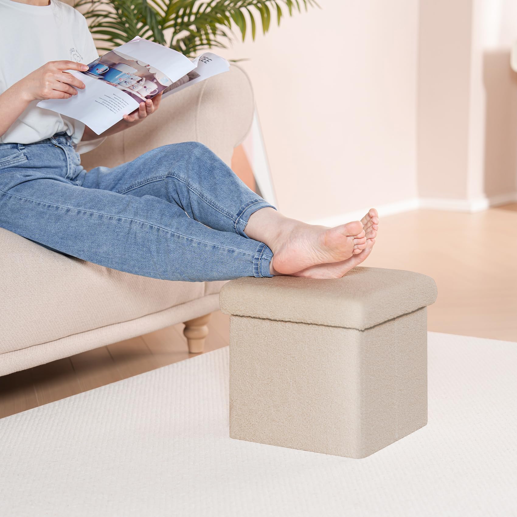Bonlife Pouf Contenitore, Portaoggetti Piccolo Baule, Poggiapiedi Pieghevole Cubo, Cassapanca, per Ingresso, Soggiorno e Camera da Letto, Beige, 32x32x32 cm
