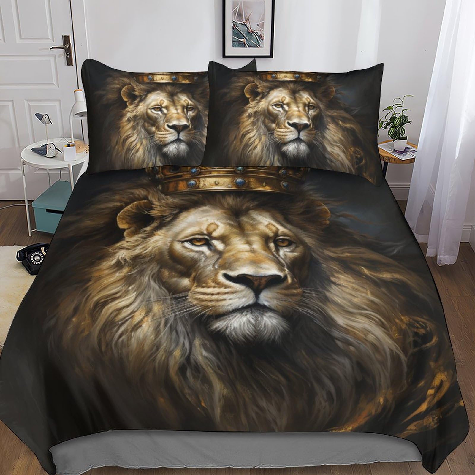 Parure de lit lion microfibre 3D avec taies pour chambre d'enfant et adulte