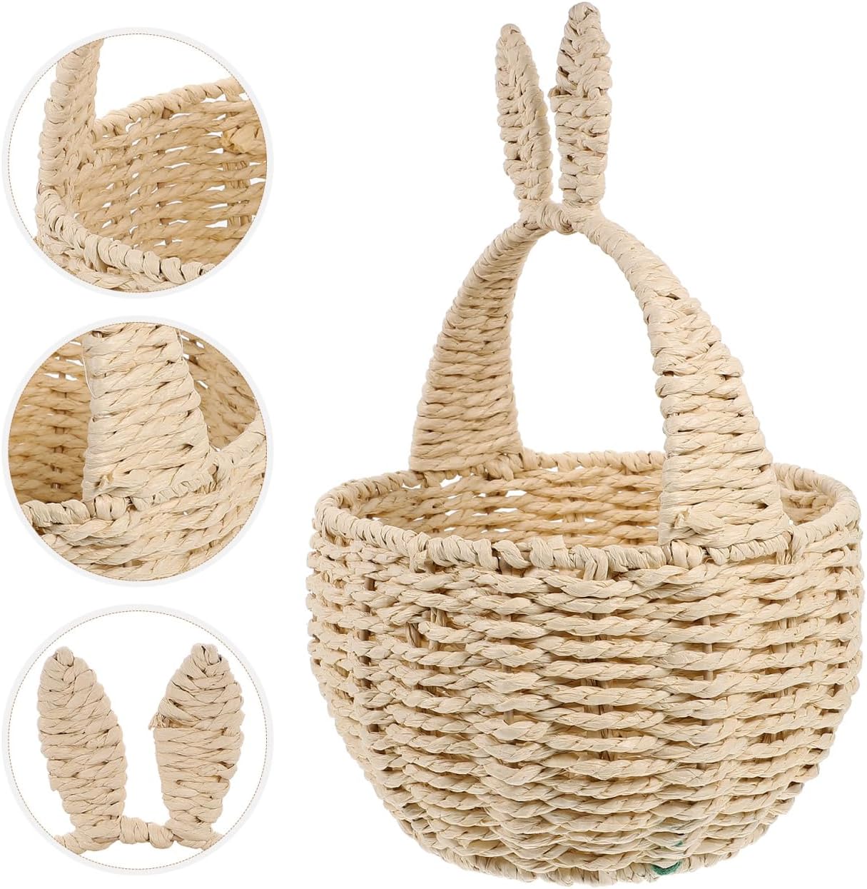 Hemobllo Wicker Easter Basket with Bunny Ears - Large Woven Storage Basket with Handle - Natural Paper Rope Easter Egg Hunt for Kids & Toddlers - Cute Rabbit Gift for Spring Party Favors & Home