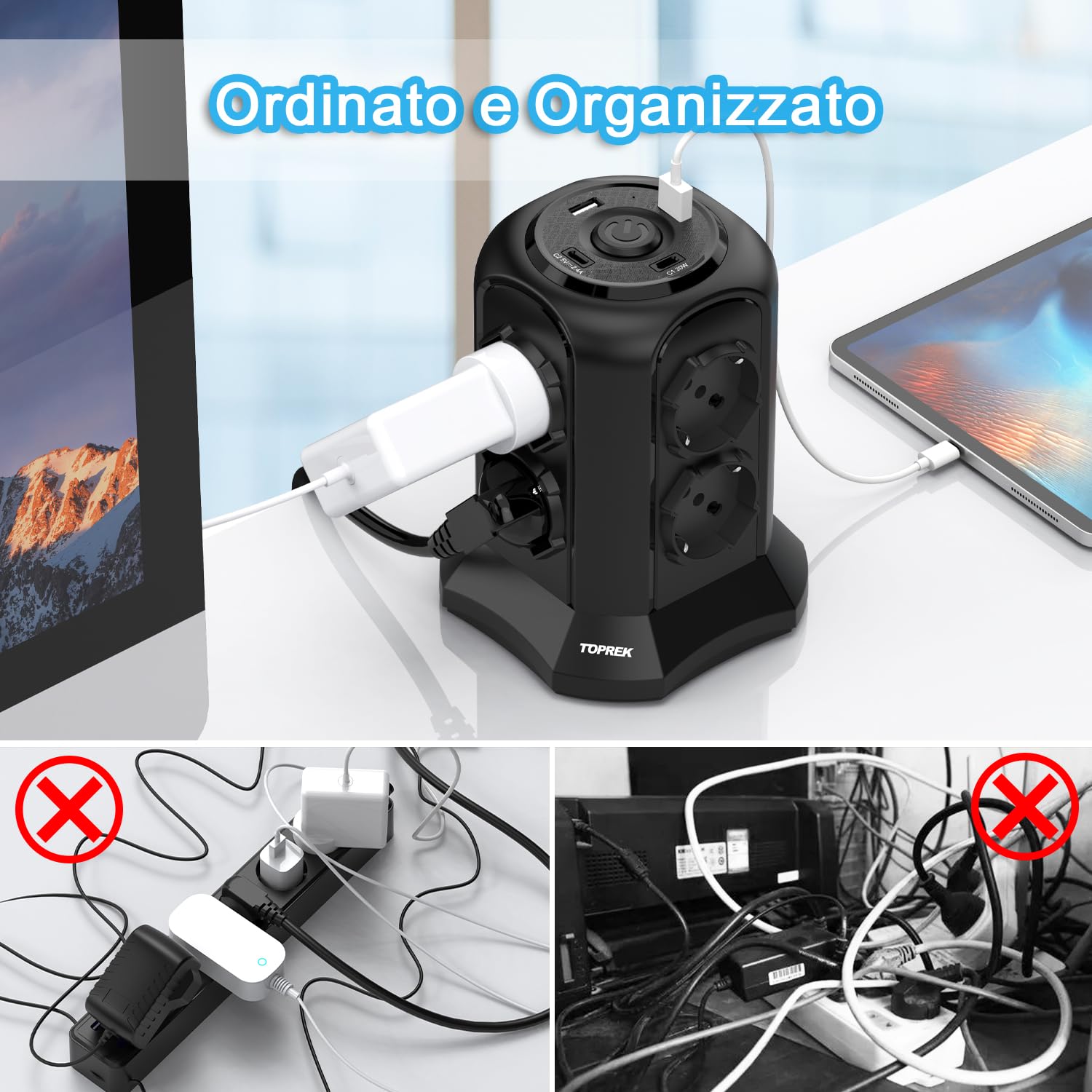 TOPREK Pionowe gniazdo wtykowe z 8 uniwersalnymi gniazdami ITA 10/16A i Schuko i 2 USB C i 2 USB A (1 20 W PD3.0 Szybkie ładowanie), kabel 5 m, 4000 W/16 A, listwa zasilająca z przełącznikiem, wtyczka