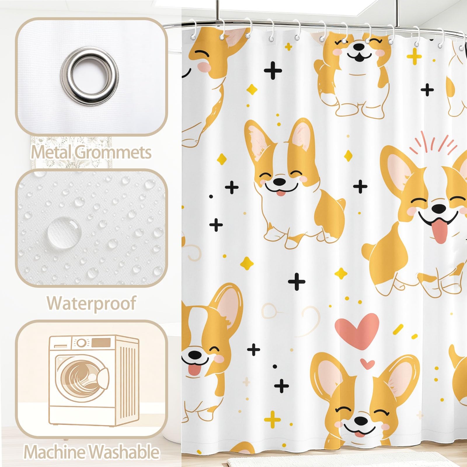 Urocza zasłona prysznicowa dla zwierząt domowych, 120 x 200 cm, kreskówkowe Corgi, serce, zasłony do wanny, biała, wodoodporna, odporna na pleśń, zasłony łazienkowe do dekoracji łazienki, z haczykami