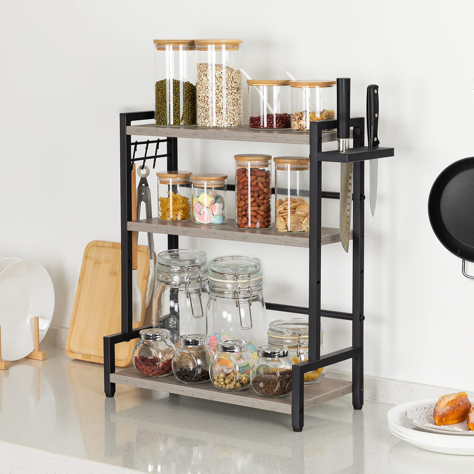 HOOBRO Spice Rack, Spice Rack with 3 Hooks, 3 Tier Kitchen Organizer, Spice Rack with Knife Rack, Adjustable Feet, for Dining Room, Greige and Black, EBG01TL01