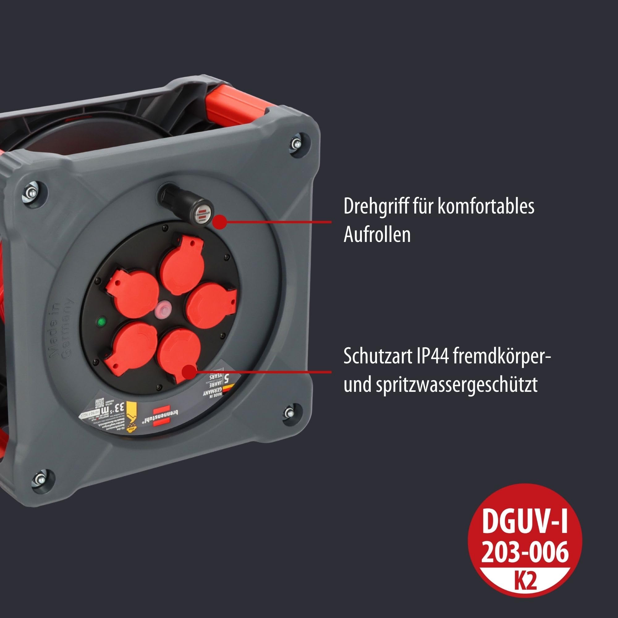 Brennenstuhl Carrete de cable profesional para construcción con Powerblock KC 3210 5 (33+5m, cable H07BQ-F3G2,5 en rojo, 5 enchufes, exterior permanente, Made in Germany)