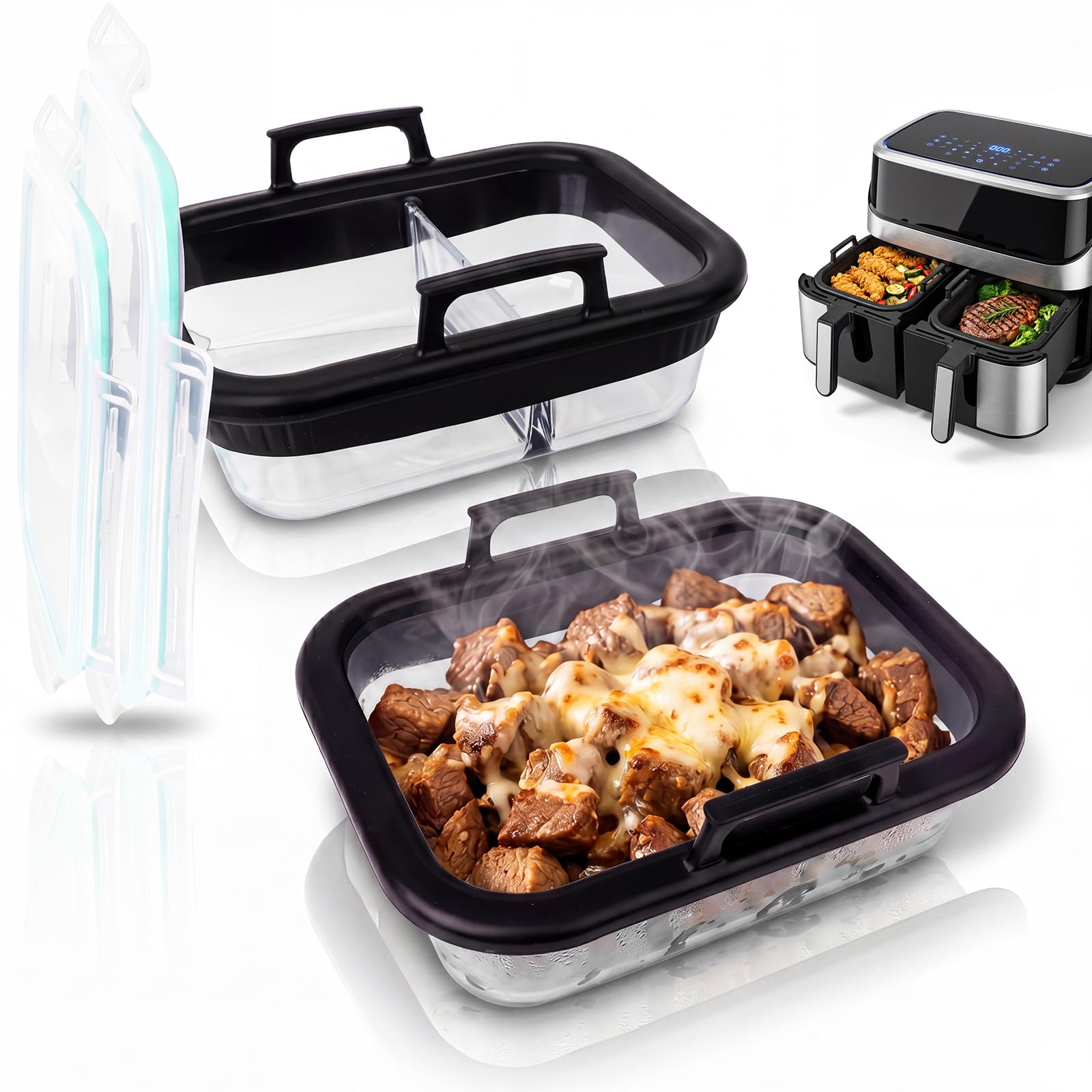 2 Piezas Molde Vidrio Freidora de Aire con Tapa, 20 * 15cm Cesta Cuadrada de Vidrio Transparente para Air Fryer & Resistente al Calor Hasta 400°C para Ninja AF400EU/AF500EU/SL400EU
