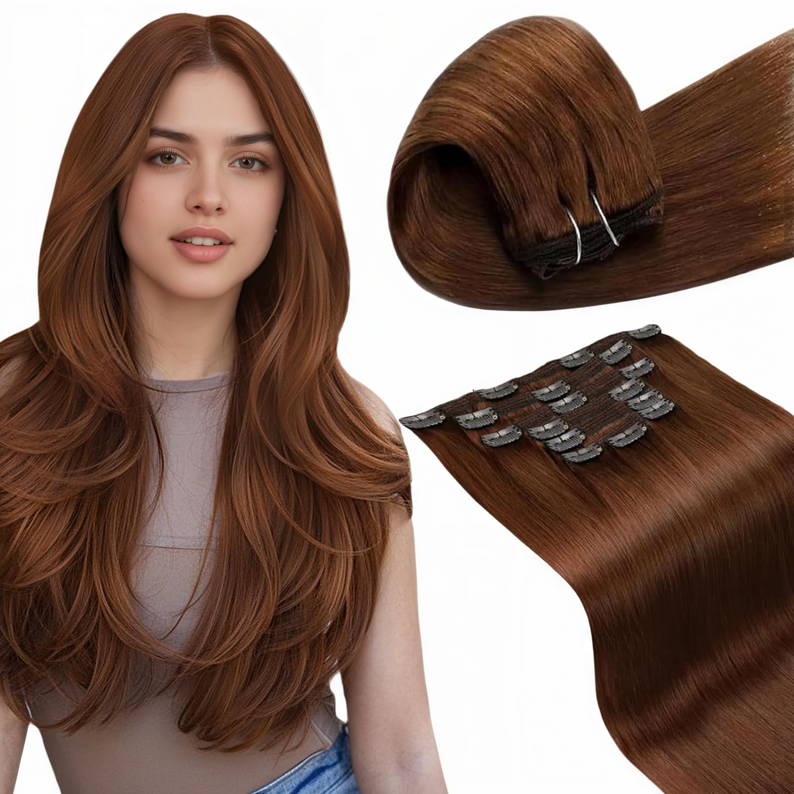 LaaVoo Human Hair Extensions Clip ins 22 Inch 150g Clip in Hair Extensions Human Hair Auburn Brown Hair Extensions Real Human Hair Clip ins Long Full
