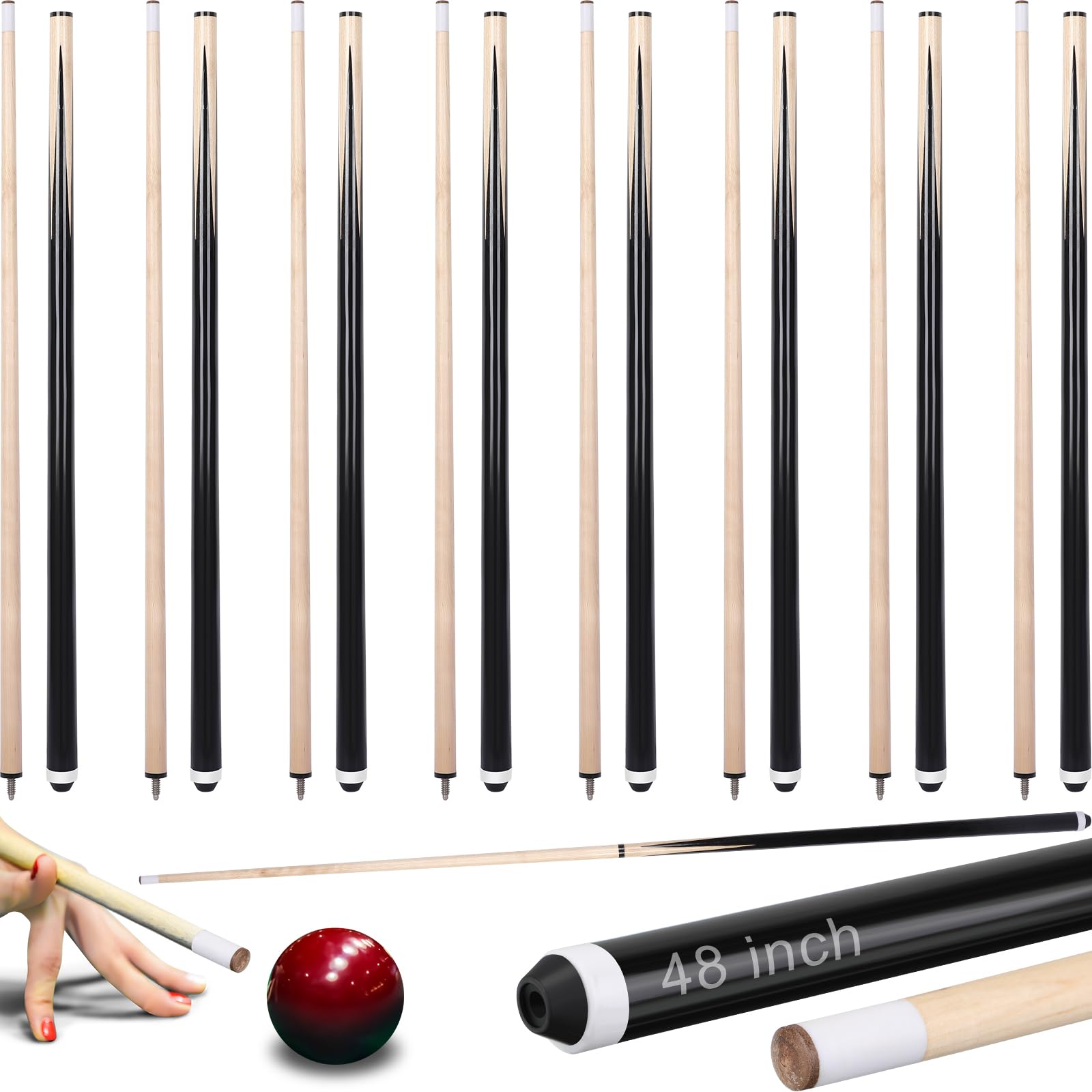 Lenwen Set of 8 Wooden Pool Cue Stick 48 Inch Billiards Cue Stick with Tip Maple Hardwood Wooden Pool Stick Set for Billiard House Bar Pool Sticks Practice, 13MM