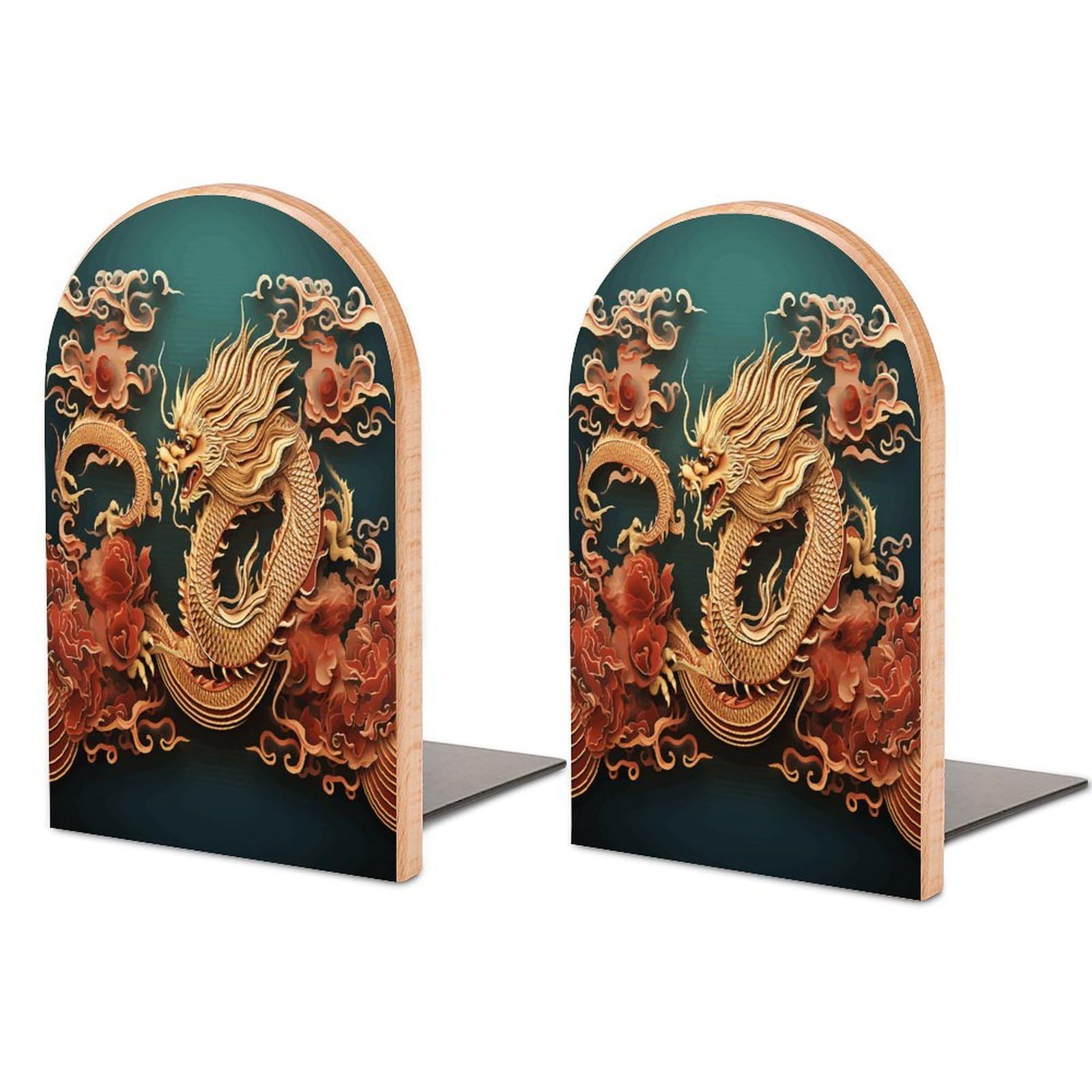 Dragon Chinese Background Bookend Wood Book End for Shelves Heavy Duty Non-Slip Wooden Bookend Support Universal Economy Bookends Fancy Modern Decorative Book Accessories 1 Pairs