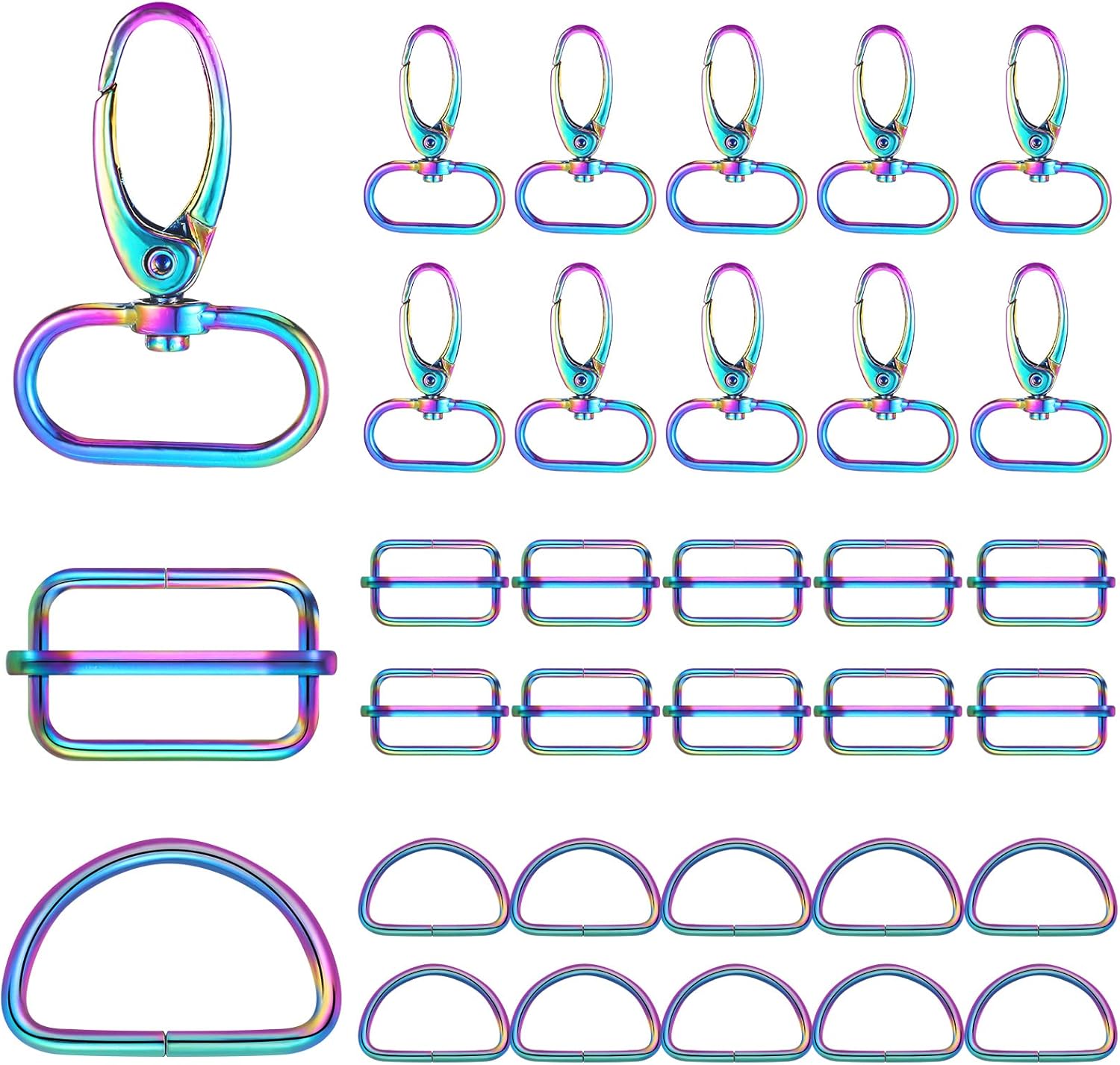 Tudomro 30 Pcs Rainbow Purse Hardware, Swivel Hook Claw Clasp, D Rings, Tri Glide Slide Buckle for Dog Collar DIY Colorful