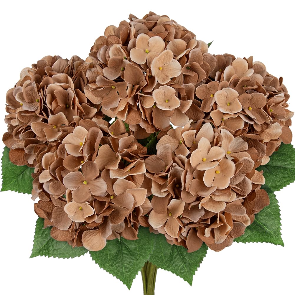 Hollyone Brown Hydrangeas Bunch Artificial Flowers, Large Fake Hydrangeas Bouquet Faux Silk Flowers for Home Decor, Flower Arrangement, Wedding, Living Room Decorations