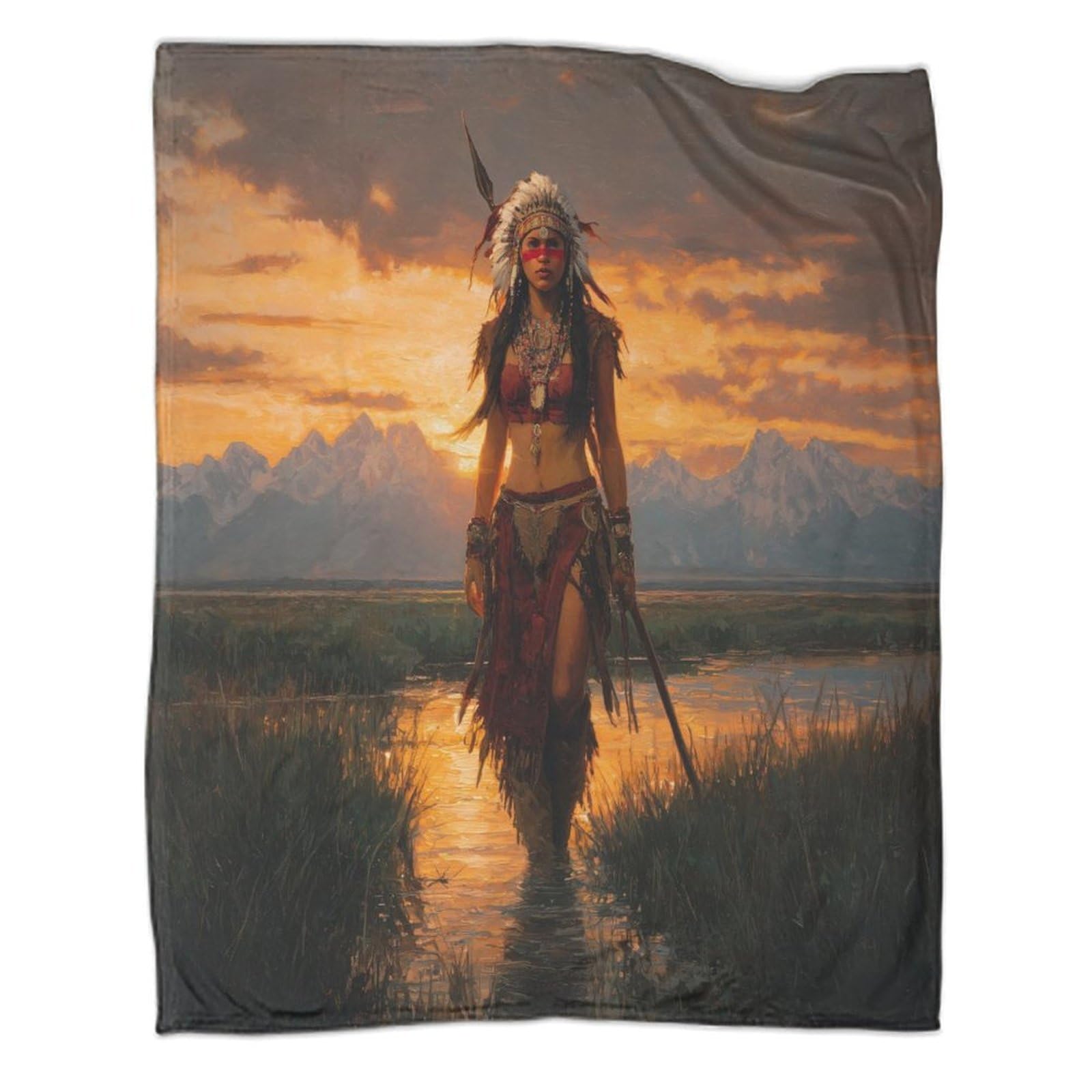 kaiyun Beautiful Native American Woman, Holding A Harpoon Throws And Patchwork Quilts,60x80inch(150x200cm),Soft Blanket with Pattern
