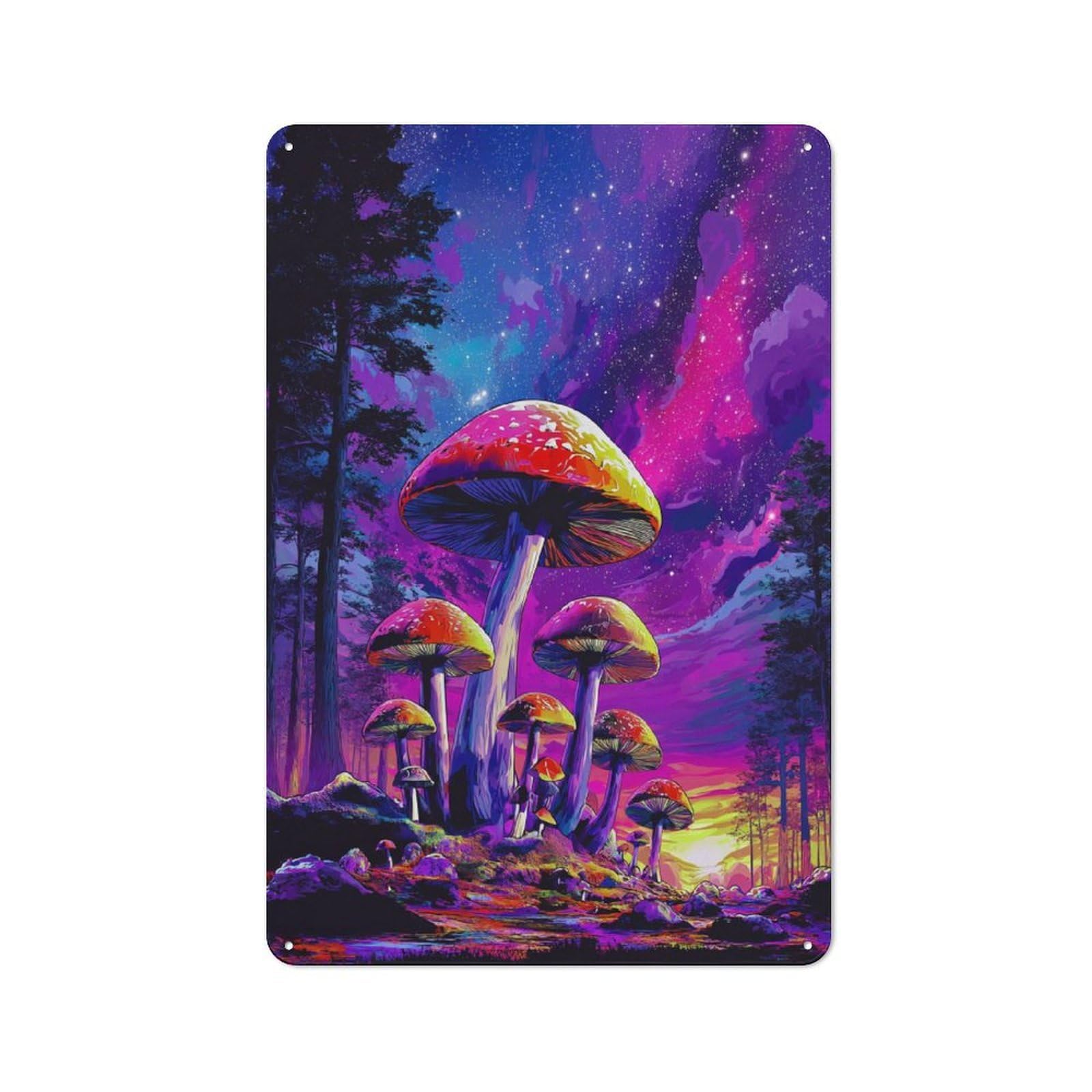 Vintage Metal Plaque 30x20cm Featuring Fantasy Mushroom Forest -2 for Home Bar Wall, A Metal Wall Feature for Home Bars And Entertaining Spaces
