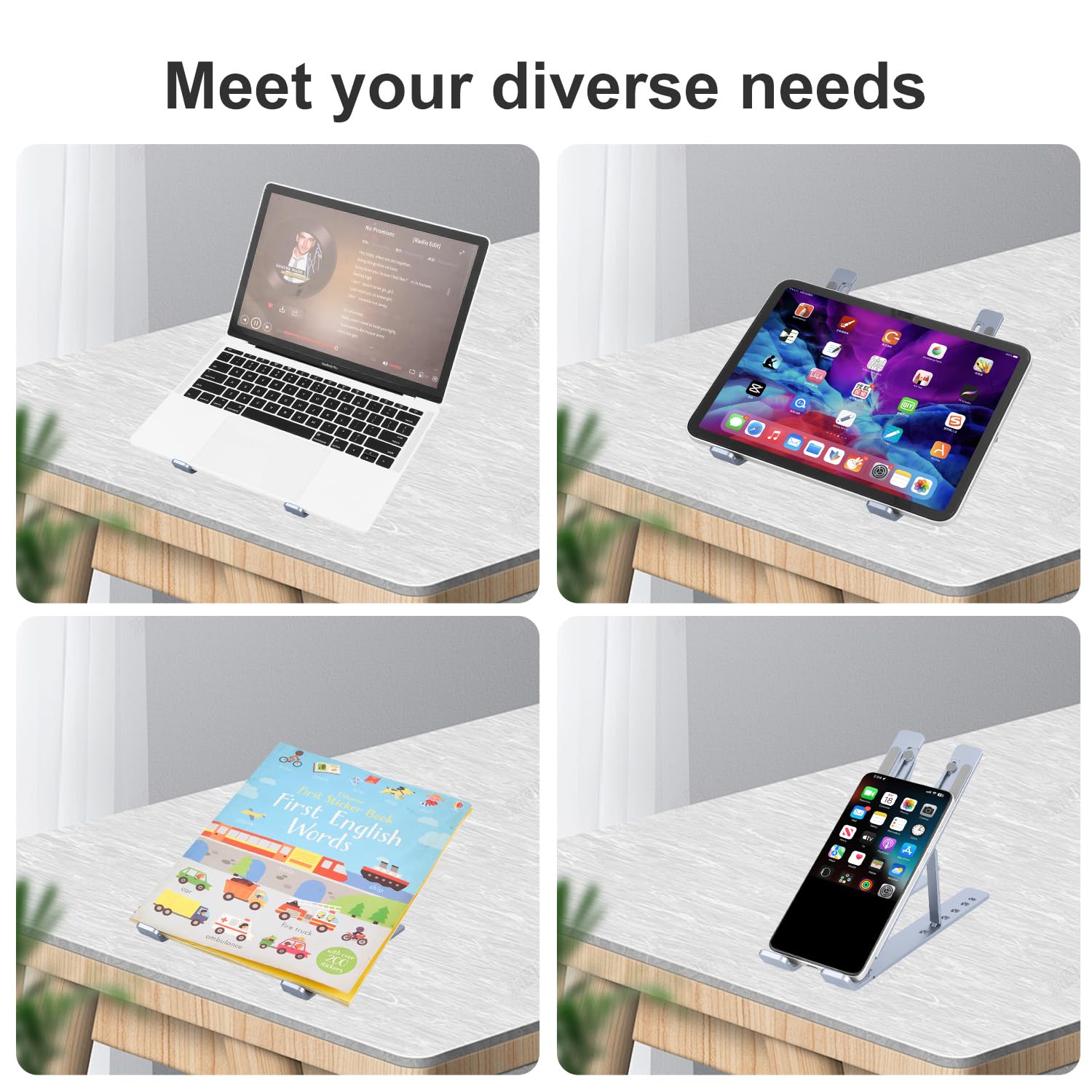 Soporte ergonómico y plegable para computadora portátil, elevador ajustable, se adapta a todos los portátiles y portátiles de hasta 17 pulgadas, ultrafino, refrigeración ventilada, ABS +