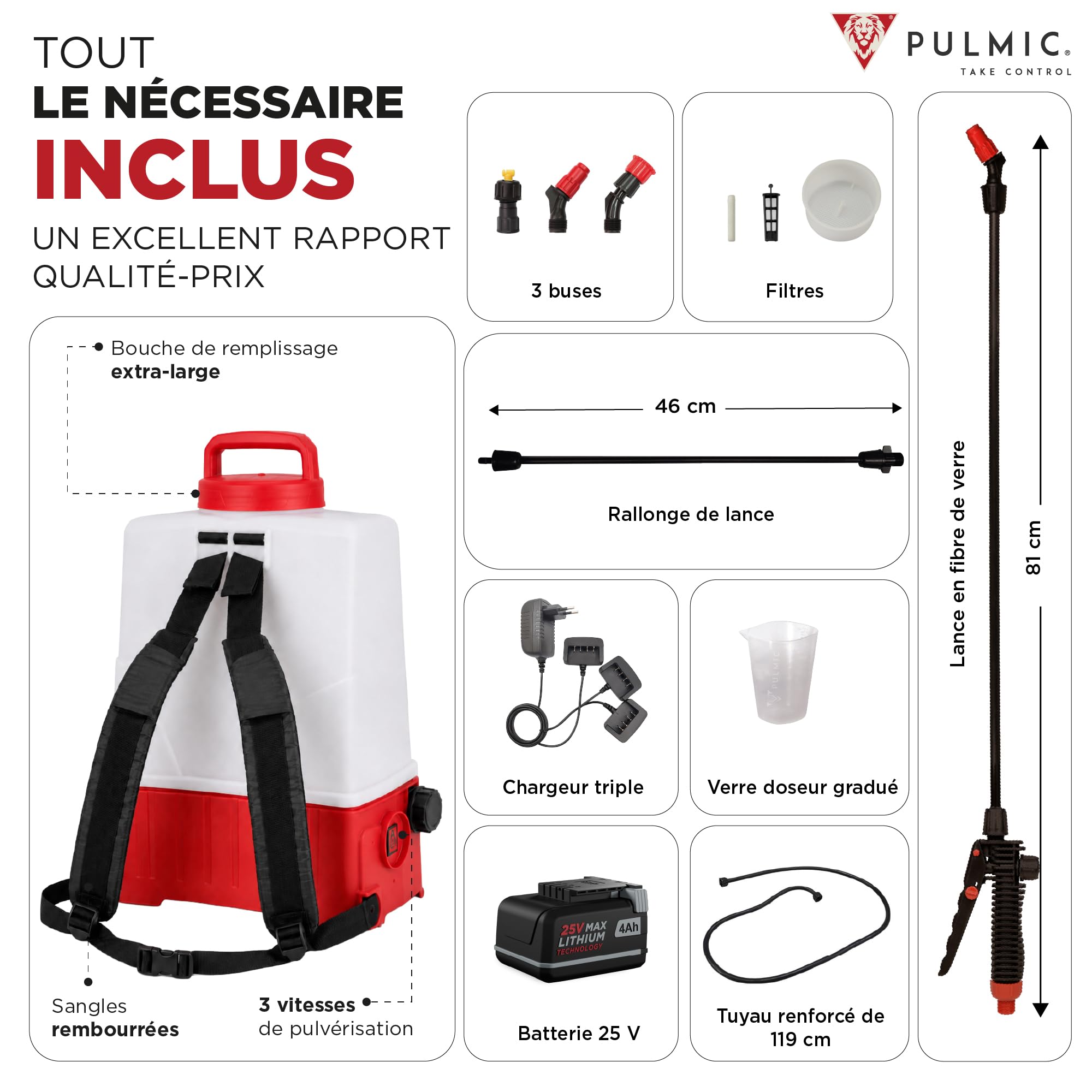 PULMIC Pegasus 15L Pulvérisateur Électrique à Dos avec Batterie Lithium 25V Max, Pulvérisateur Dorsal Jardin Agricole, Jusqu’à 15h d’Autonomie, 3 Vitesses, 3 Buses