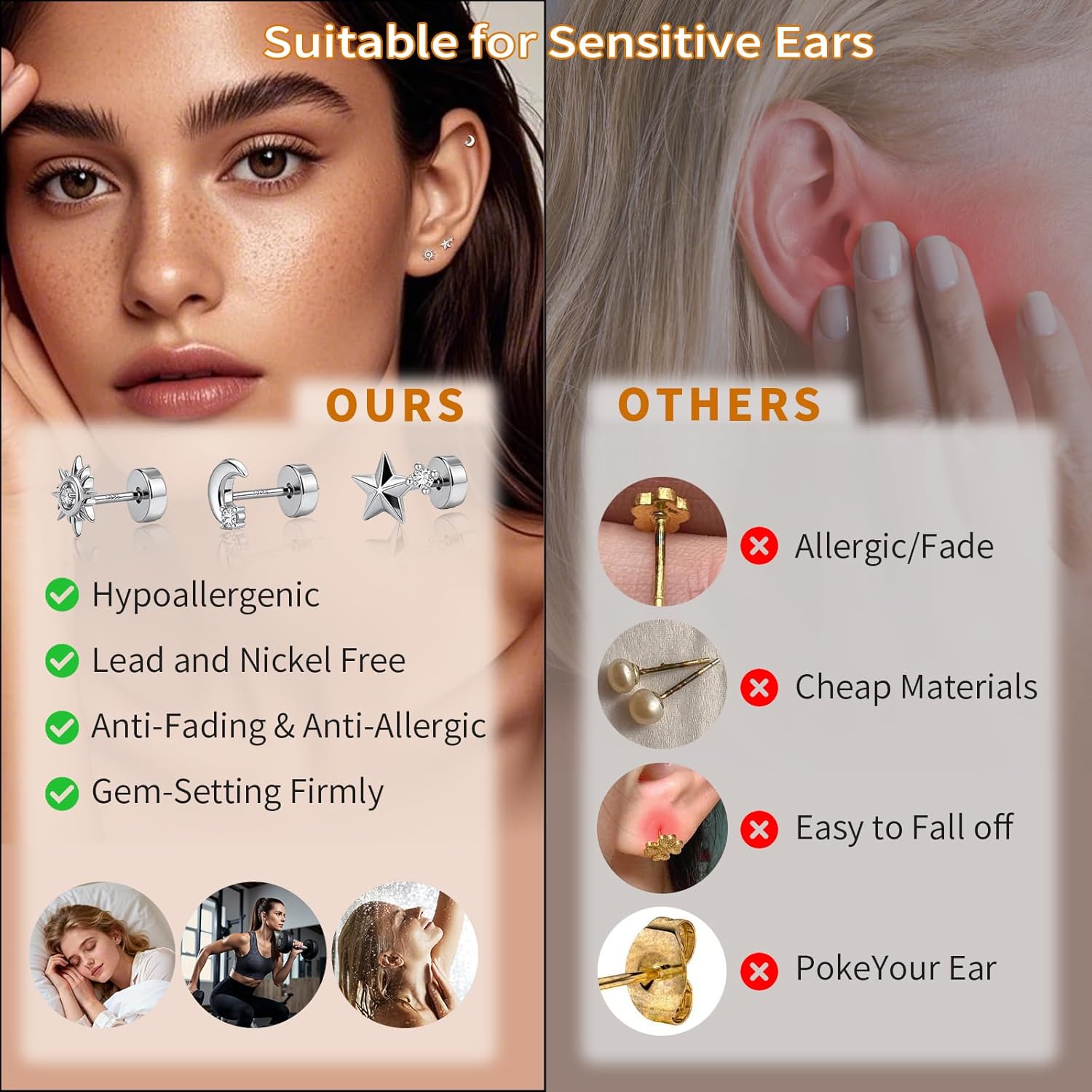 Flat Back Earrings for Women,14k Gold/Silver Plated Small Flat Back Stud Earrings Cartilage Helix Multiple Piercing Jewelry Hypoallergenic Earrings for Sensitive Ears -3-piece or 3-pair - Image 7