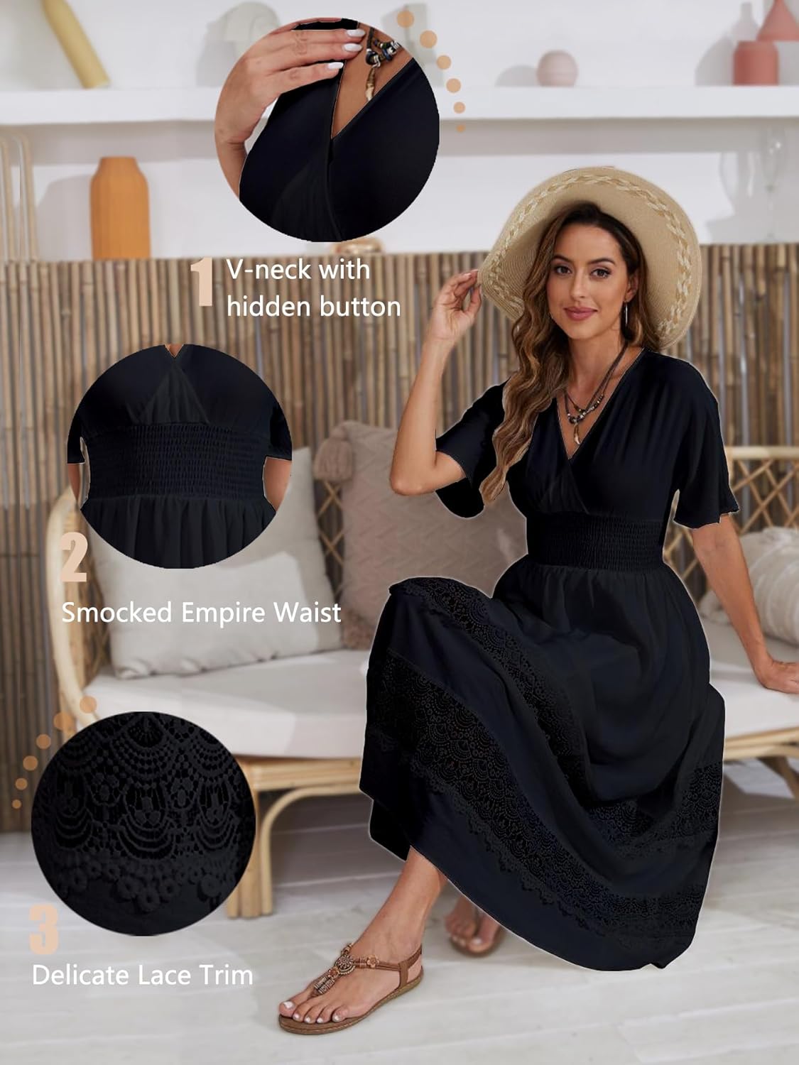 Boho Maxi Dress for Women 2025 Summer V Neck Lace Wedding Guest Dress Smocked Waist Bohemian Long Flowy Dresses - Image 4