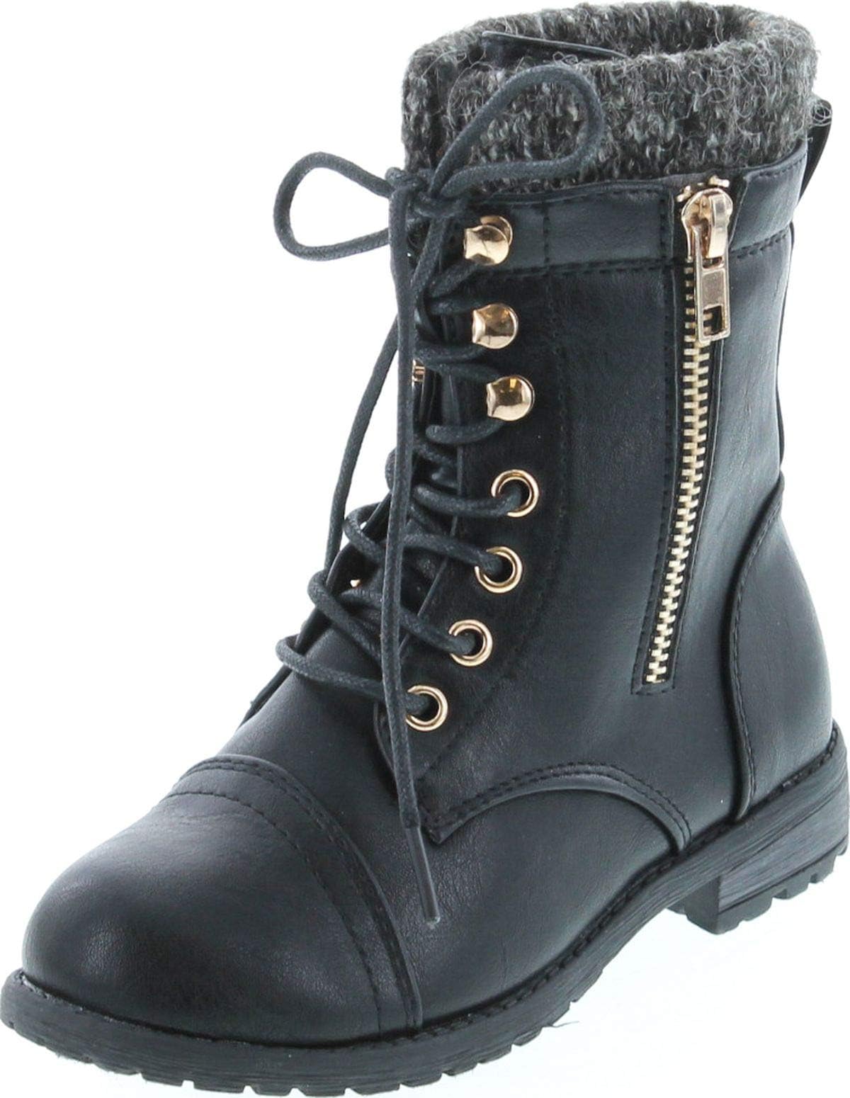 Link Mango-31 Girls Kids Round Toe Military Lace Up Knit Ankle Cuff Low Heel Combat Boots
