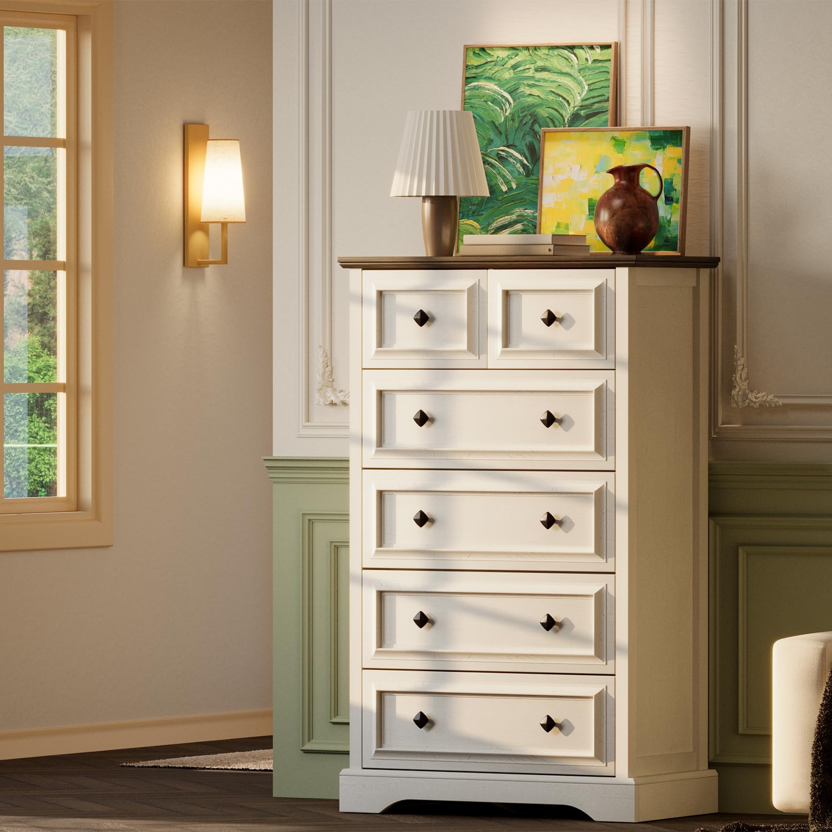 Detailed dimensions and weight capacity of the VVFLU Farmhouse 6-Drawer Tall Dresser