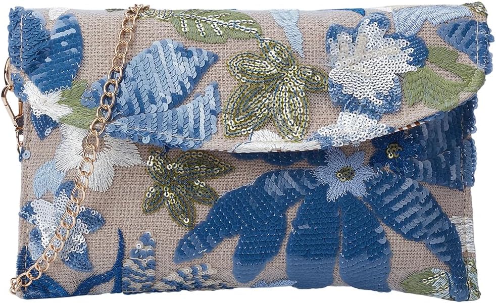 FREEBLOSS Clutch Purses for Women Embroidery Floral Evening Clutch for Wedding Party Embroidery Sequin Beaded Crossbody Evening Bag with Golden Chain (pattern position not fixed)