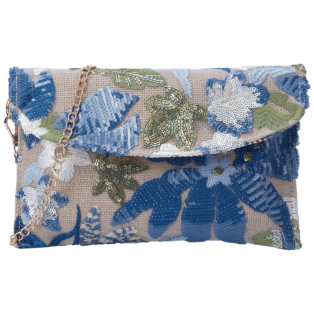 FREEBLOSS Clutch Geldbörse Für Damen Bestickte Florale Abendclutch Für Hochzeitsfeiern Bestickte Pailletten Perlen Umhängetasche Mit Goldener Kette (Musterposition Nicht Fixiert)