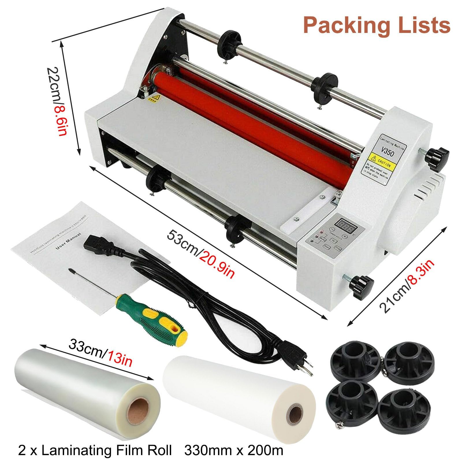 Plastificadora A3 A4 A5, Máquina de Laminado 350 mm en Caliente y Frío con 2 Rollos de Film, Laminado Simple y Doble Cara, Control Digital 0-180°C para Oficina y Comercial