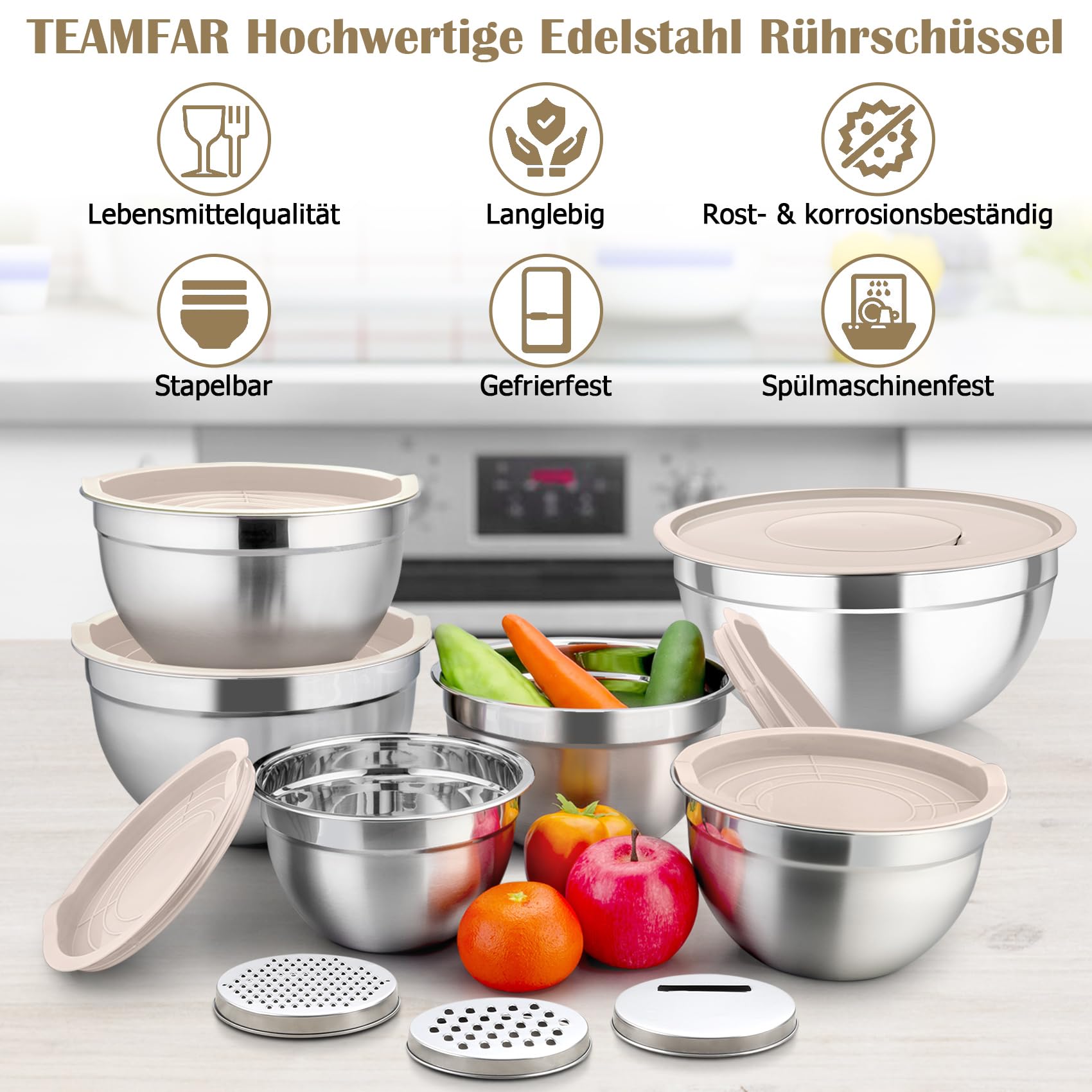 TEAMFAR Juego de 6 cuencos de acero inoxidable con tapa, color caqui | Ensaladera para cocina, 3 cabezales ralladores y tapa hermética, apilable, apto para lavavajillas, 4,6/2,8/2,5/1,6/1,2/0,7 l