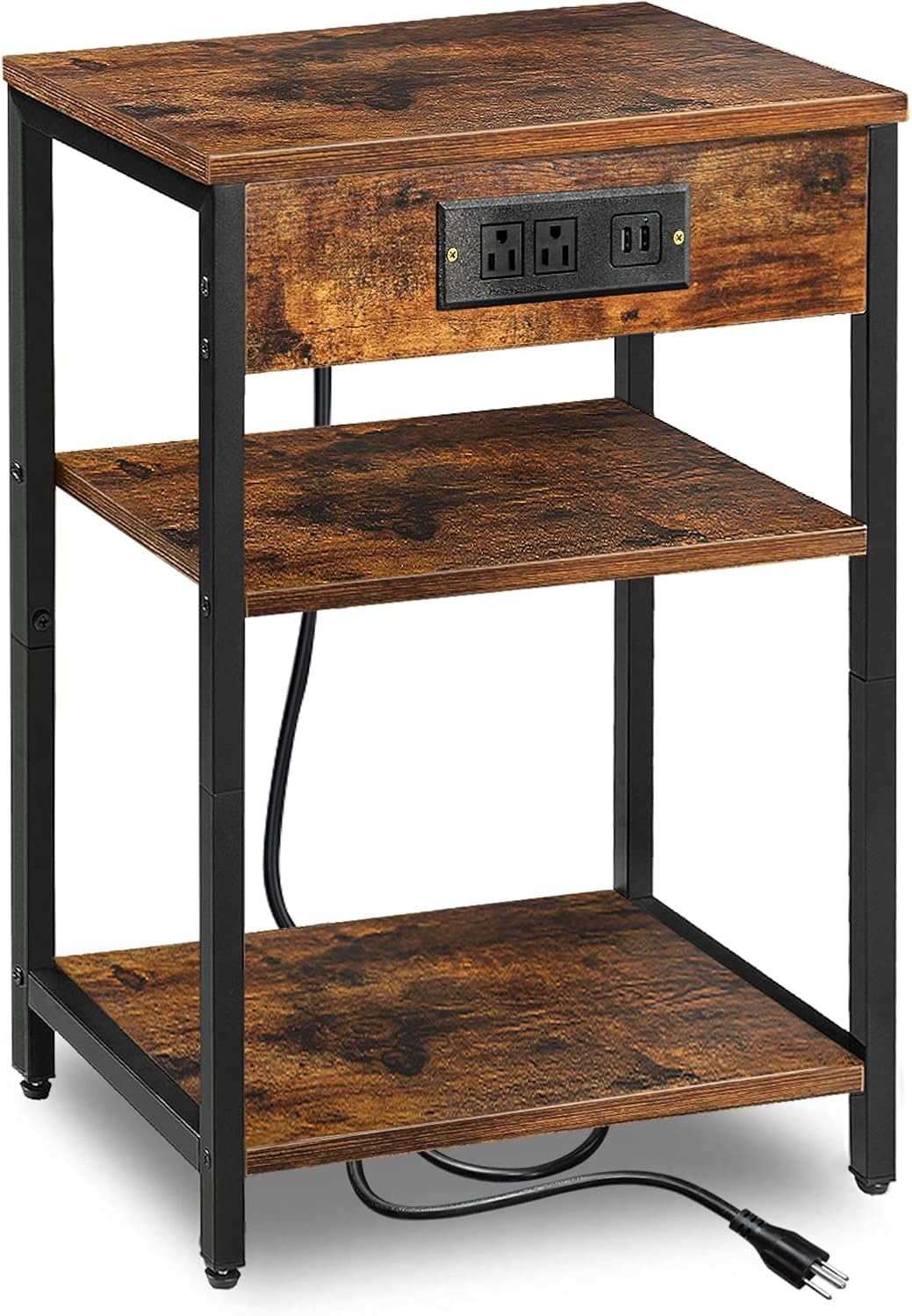 Nightstand with Charging Station, Metal Frame 3Tier Wooden Side Table