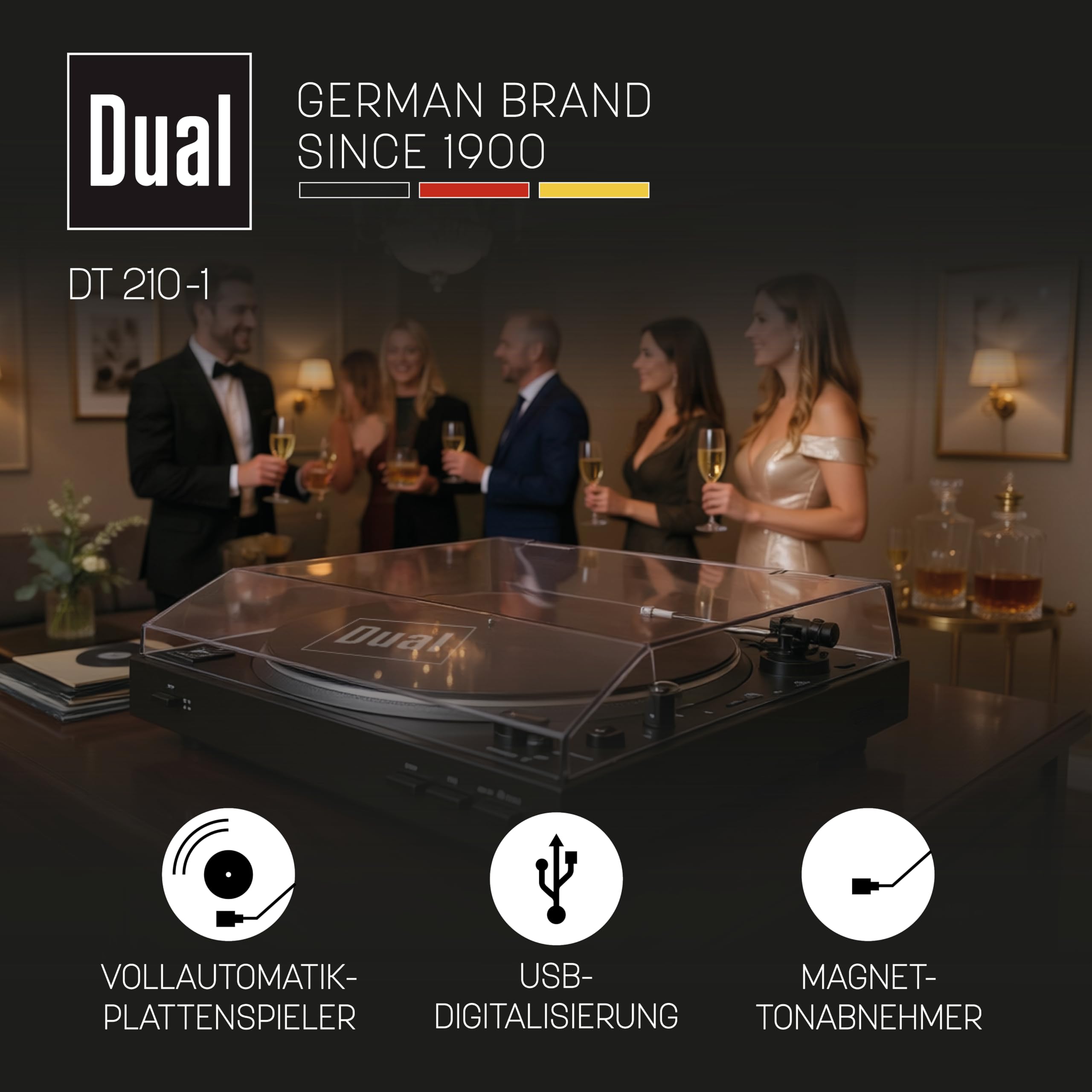 Dual DT 210-1 USB-Plattenspieler, 2 Geschwindigkeiten, Magnet-Tonabnehmer-System, Riemenantrieb, USB-Anschluss für Digitalisierung, Schwarz