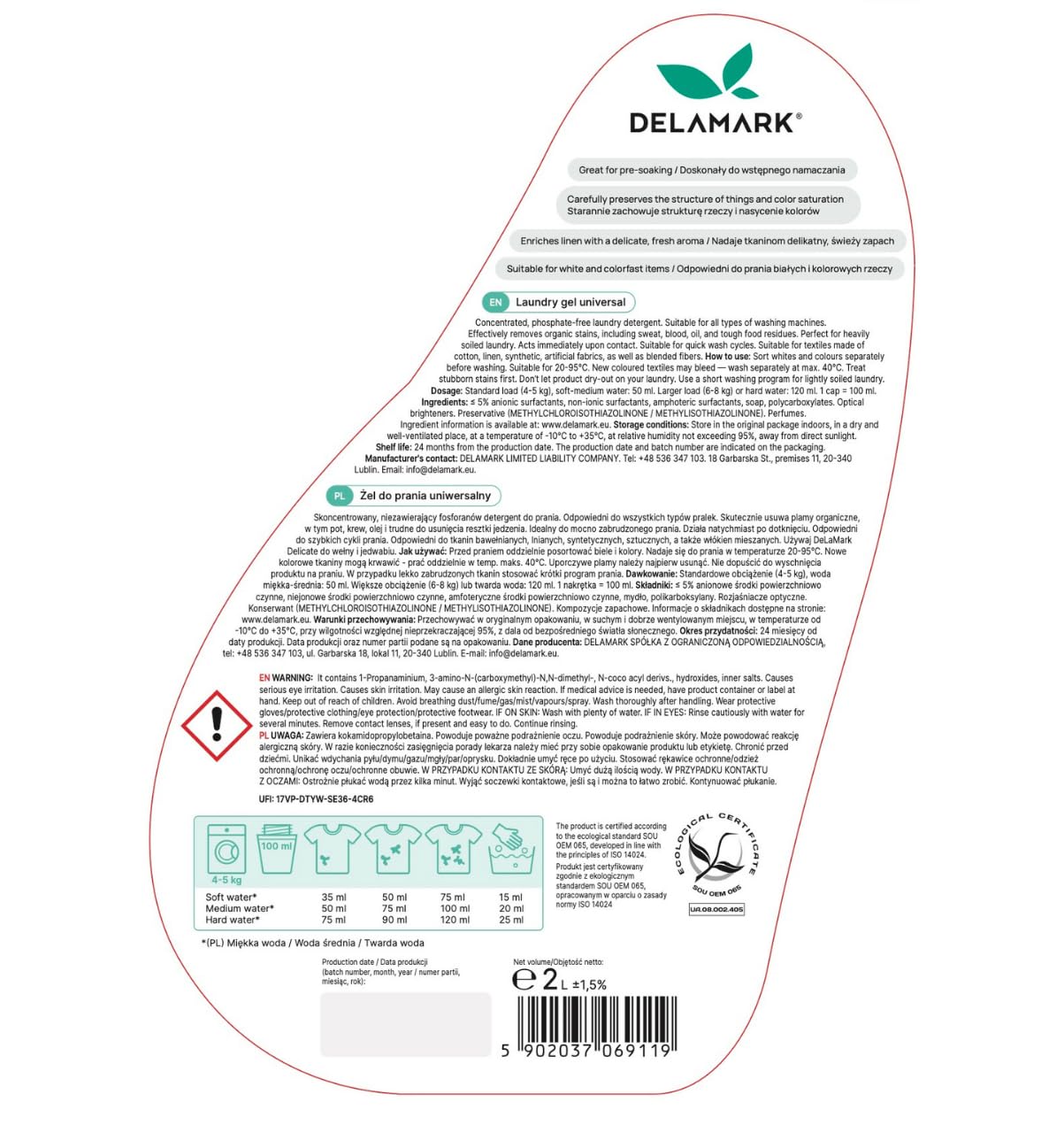 DELAMARK Éco Lessive Liquide Universel 2 l – environ 44 lavages – concentrée, respect des couleurs, végane, sans microplastiques