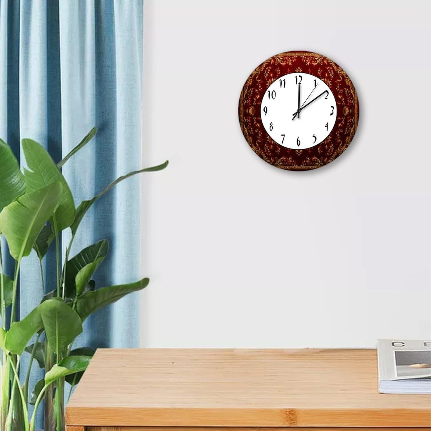 Funny Farmhouse Round Wooden Clock 15in,Red Oriental Pattern Silent Non-Ticking Battery Operated Wood Wall Clock for School Classroom Nursery Cafe Bar Pub Home Decor, spgjc4sdkour