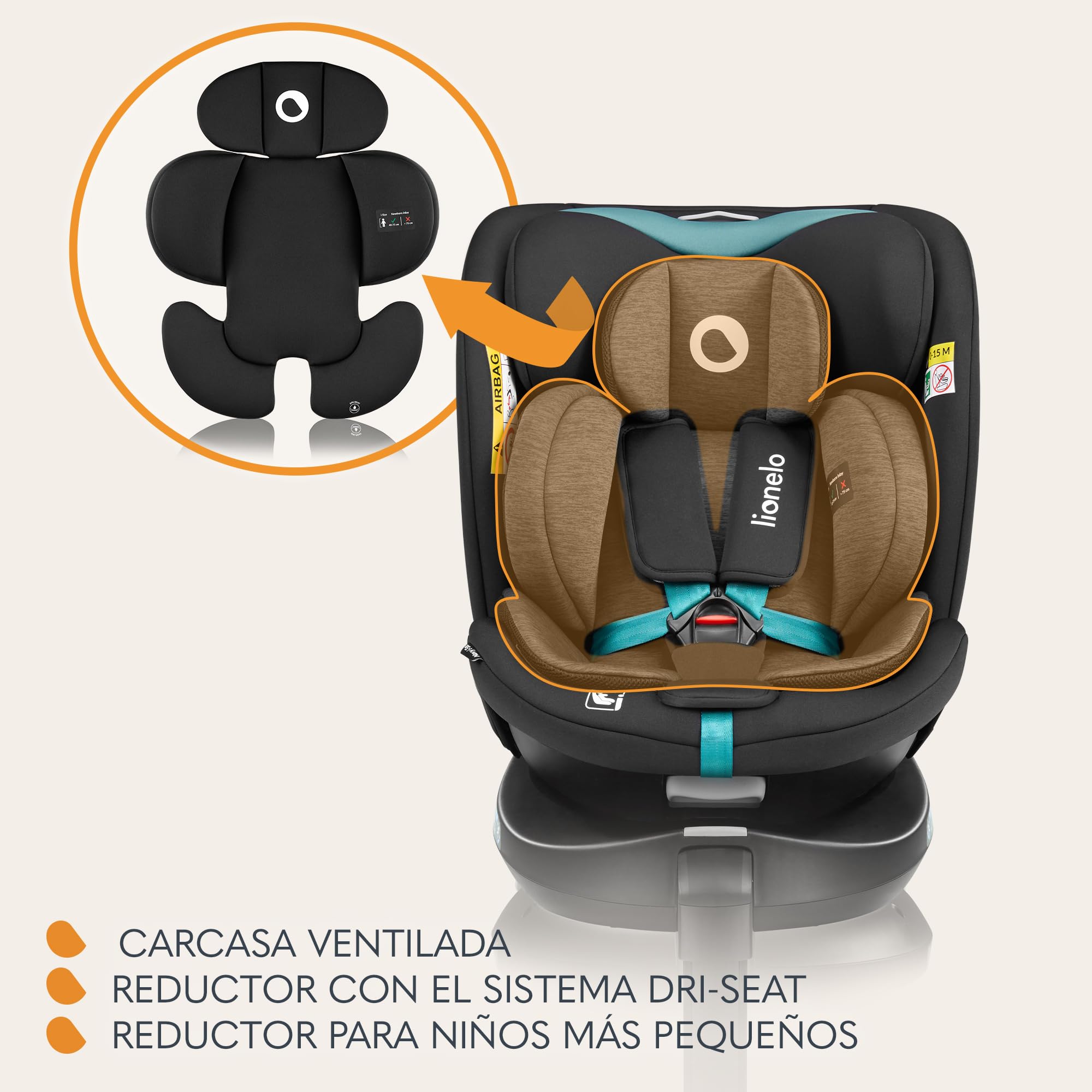 LIONELO NAVY i-Size Silla Coche Bebé Giratoria 360O Para Niños de 40-150 cm Grupo 0+1 2 3 Montaje delantero y trasero ISOFIX Pata de estabilización Reposacabezas y Dri-Seat (Turquoise)