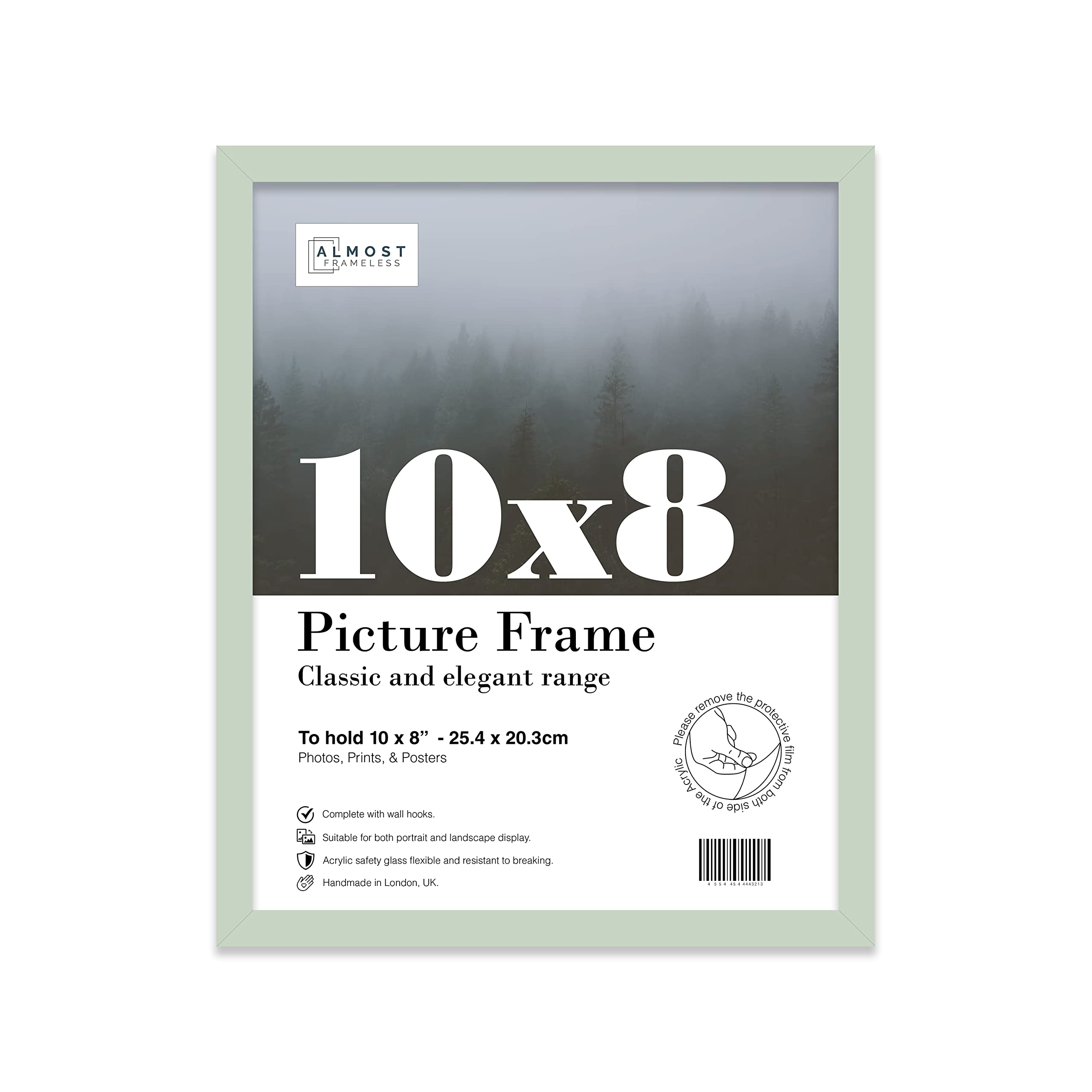 Almost Frameless 10x8 Mint Green Picture Frame 10"x8"(25.4x20.3cm) Poster, Photo, Artwork, or Print. Thin Edge Slim Frame Portrait and Landscape Display with Wall Hooks