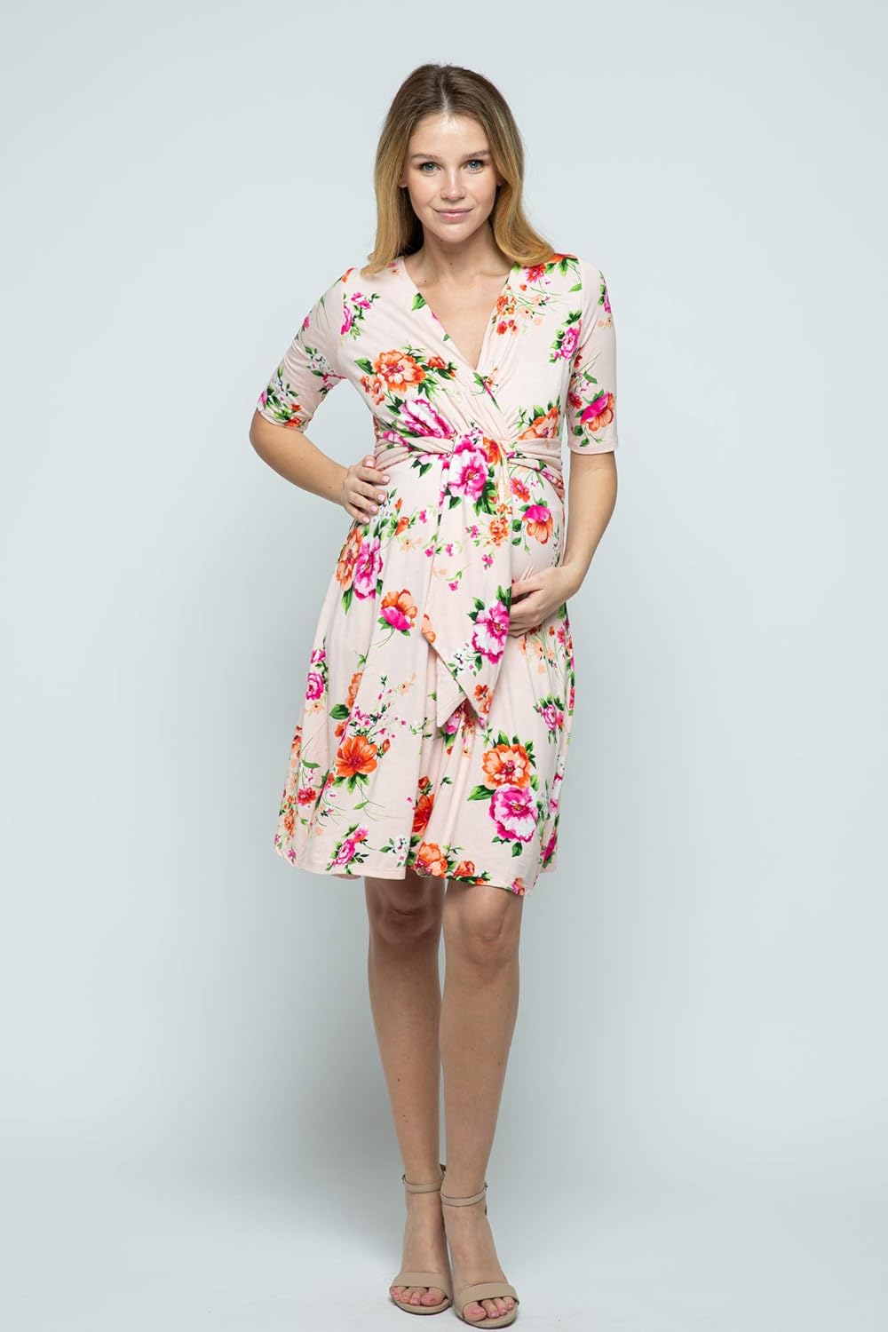 HELLO MIZ Women's Maternity Short Sleeve Knee Length Wrap Dress for Baby Shower (Blush Floral, XL)