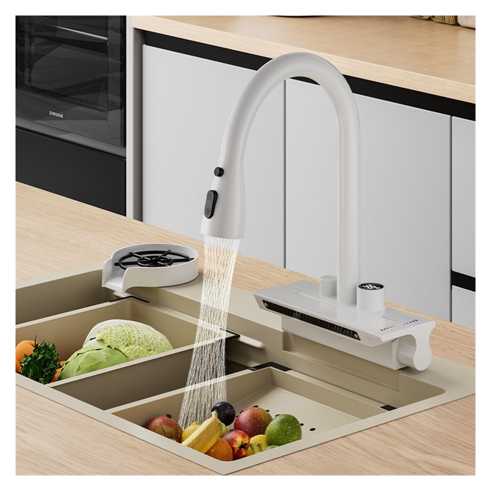 ZYCHSJXA Waterfall 3 Effluent Modes Faucet Basin Sink Single Hole PullOut with Digital Display All Copper Kitchen Faucet(C)