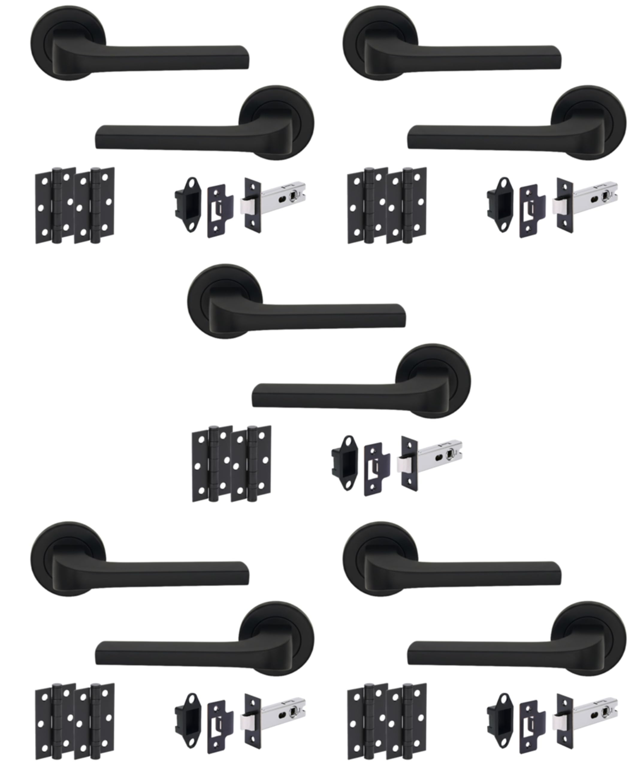 Hunta HANDLEZONE® Vento Matt Black Internal Door Handle Pack - 5 Pack - Lever on Rose Set - 76mm Tubular Latch (57mm Backset) & 2 Ball Bearing Hinges - Passage for Internal Wooden Doors