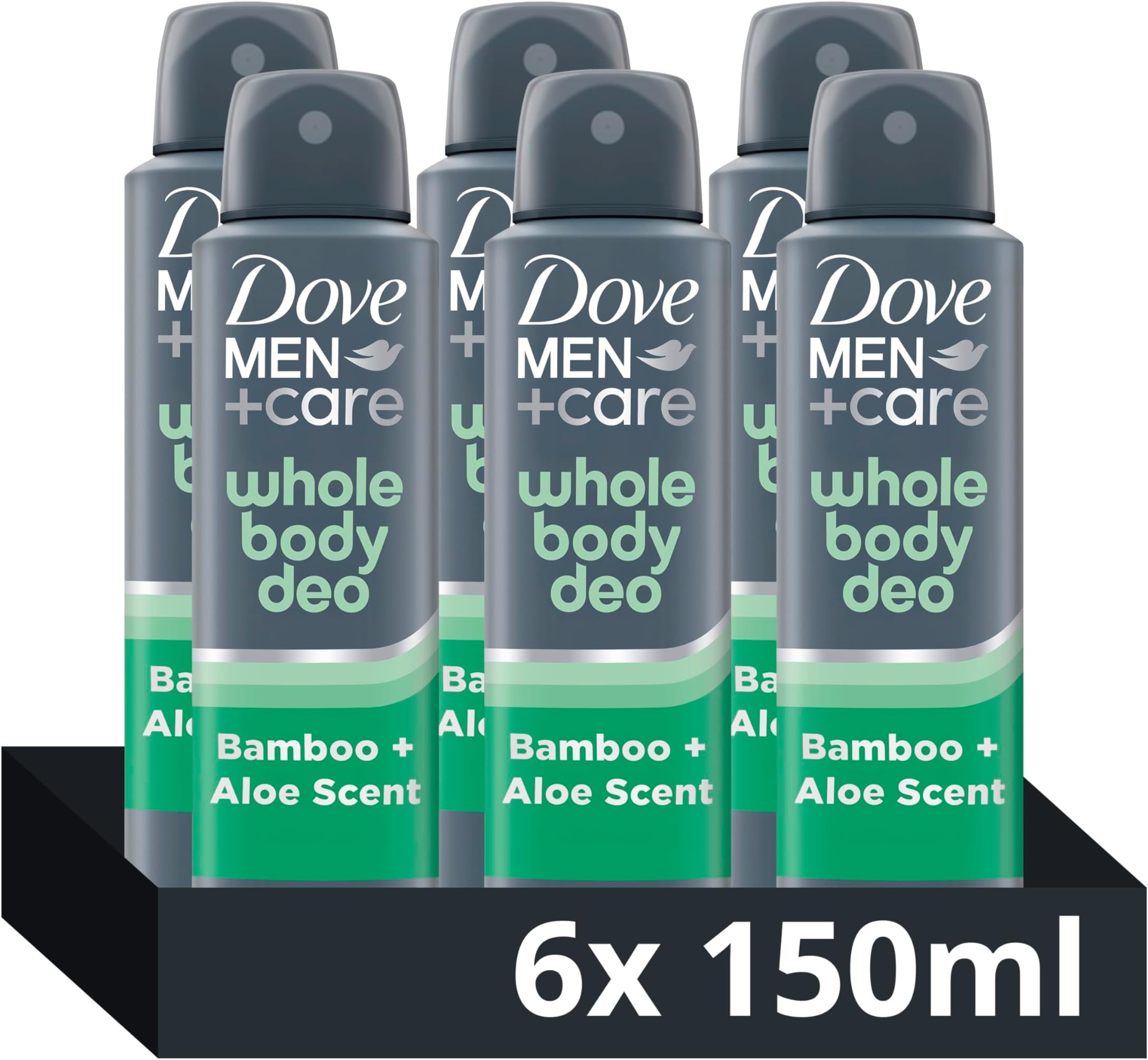 Dove Men+Care Whole Body Deodorant Spray Bamboo & Aloe 150ml, 6 Pack - 72H Odour Protection Performance Aerosol, Aluminum Free & Alcohol Free Formulation, Dermatologically Tested