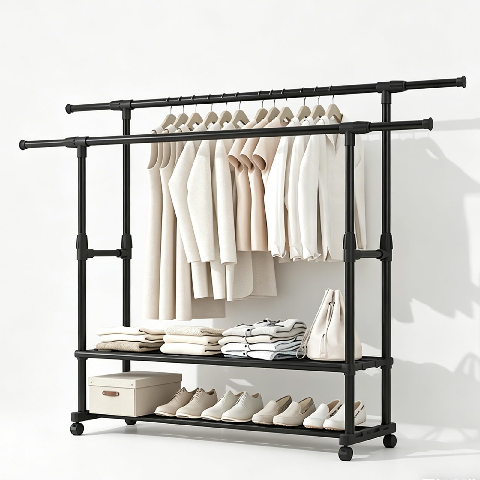 Appendiabiti da Terra con Ruote, Doppio Stand Appendiabiti Robusto in Metallo, Porta Abiti con 2 Ripiani per Scarpe Regolabile in Altezza per Camera da Letto Lavanderia Ingresso (90-150)x42x(95-155)cm