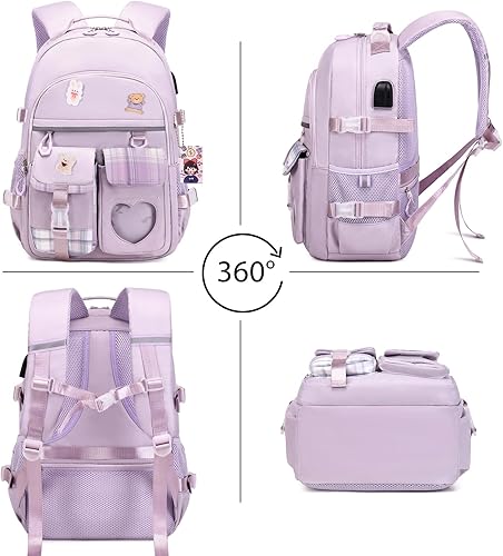 Miniatura 5 de Mochila para niñas - Mochila para libros, mochila escolar para niñas, niños, adolescentes, mujeres, casual, Púrpura, Mochilas escolares