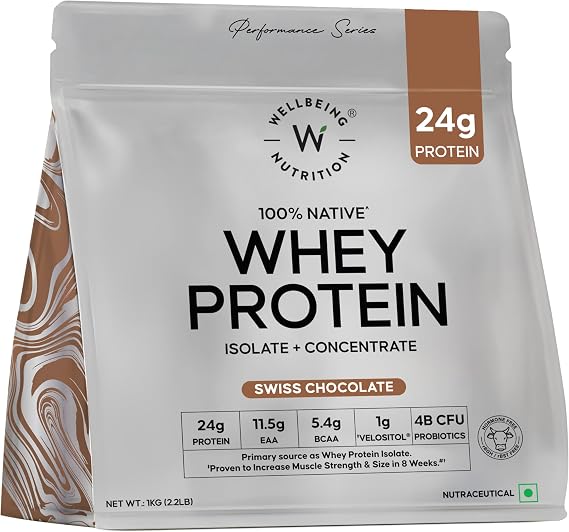 WELLBEING NUTRITION Whey Protein Isolate + Concentrate (Swiss Chocolate) | 24g Protein, 11.5g EAA | Clinically Proven 2X Muscle Protein Synthesis| 4B CFU Probiotics & Digestive Enzymes | 1kg