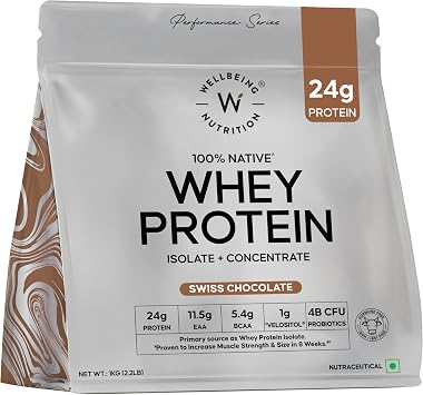 WELLBEING NUTRITION Whey Protein Isolate + Concentrate (Swiss Chocolate) | 24g Protein, 11.5g EAA | Clinically Proven 2X Muscle Protein Synthesis| 4B CFU Probiotics & Digestive Enzymes | 1kg