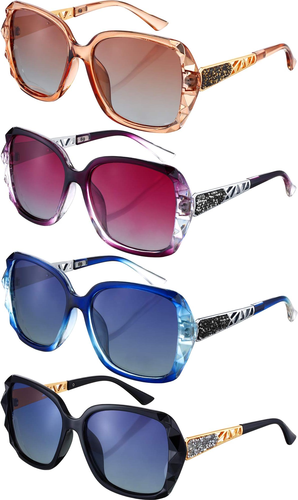 4 Pairs Oversized Sunglasses Women Sparkling Frame Ladies Polarized Square Sunglasses
