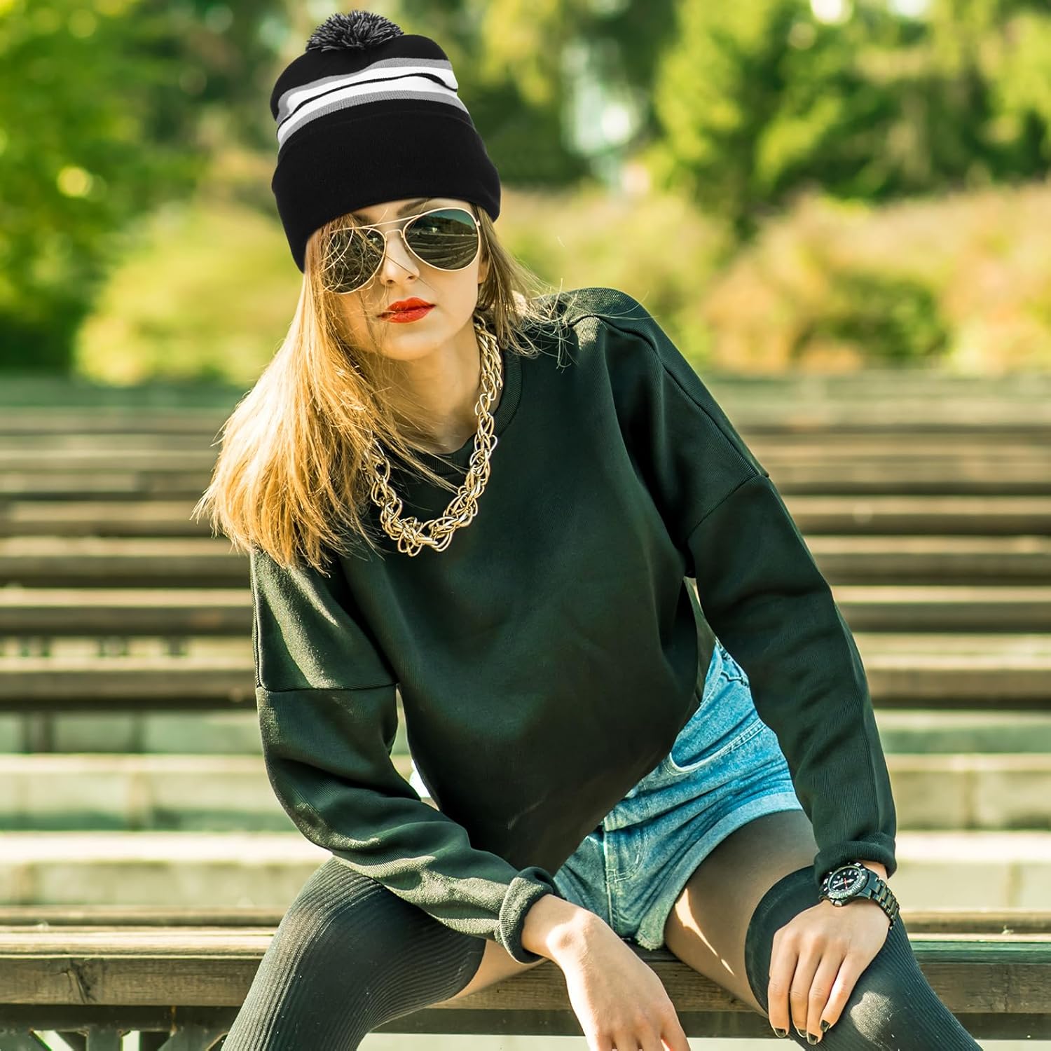 Shihanee Striped Beanie with Pom for Men and Women Soft Acrylic Knit Cuffed Warm Beanie Cap Winter Hat Outdoor Multicolor - Image 5