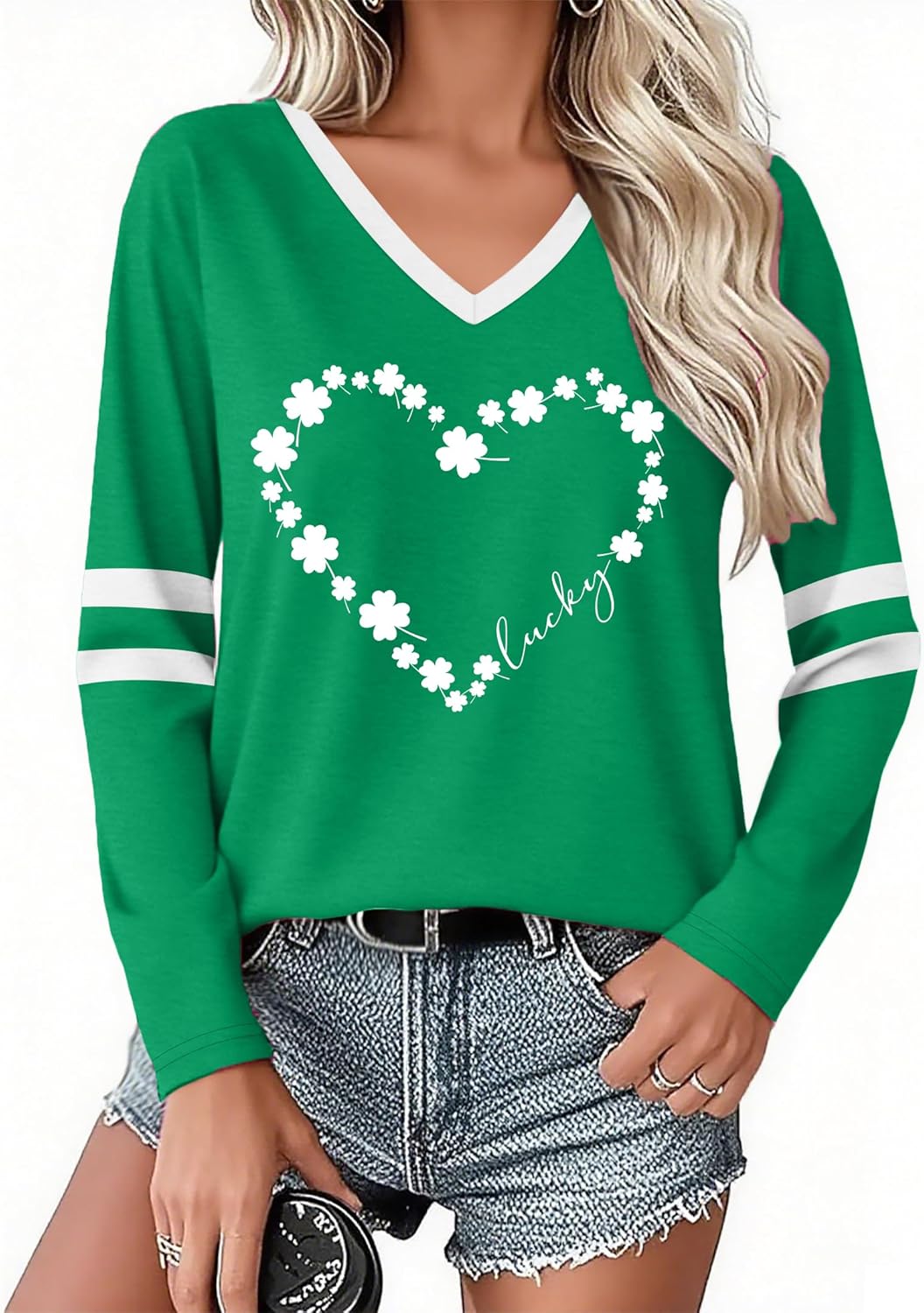 St Patricks Day Shirts for Women Lucky Shamrock Graphic T Shirt V Neck St Patrick's Day Long Sleeve Tops - Image 2