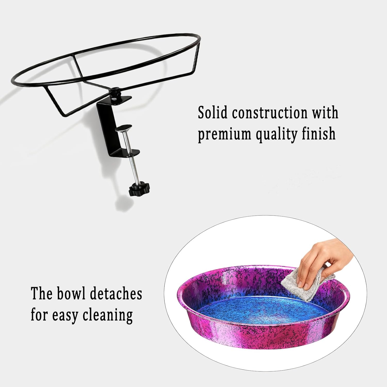 Metal Deck Bird Bath for Balcony Railing, Metallic Purple & Blue 11.5” Bathing Bowl & Feeder with Adjustable Steel Clamp Outdoor Garden Decor Yard Art (0.7 Gallon)