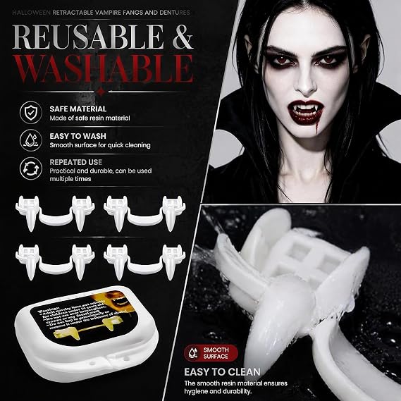 4PCS Retractable Vampire Fangs, Halloween Vampire Teeth with Storage Case