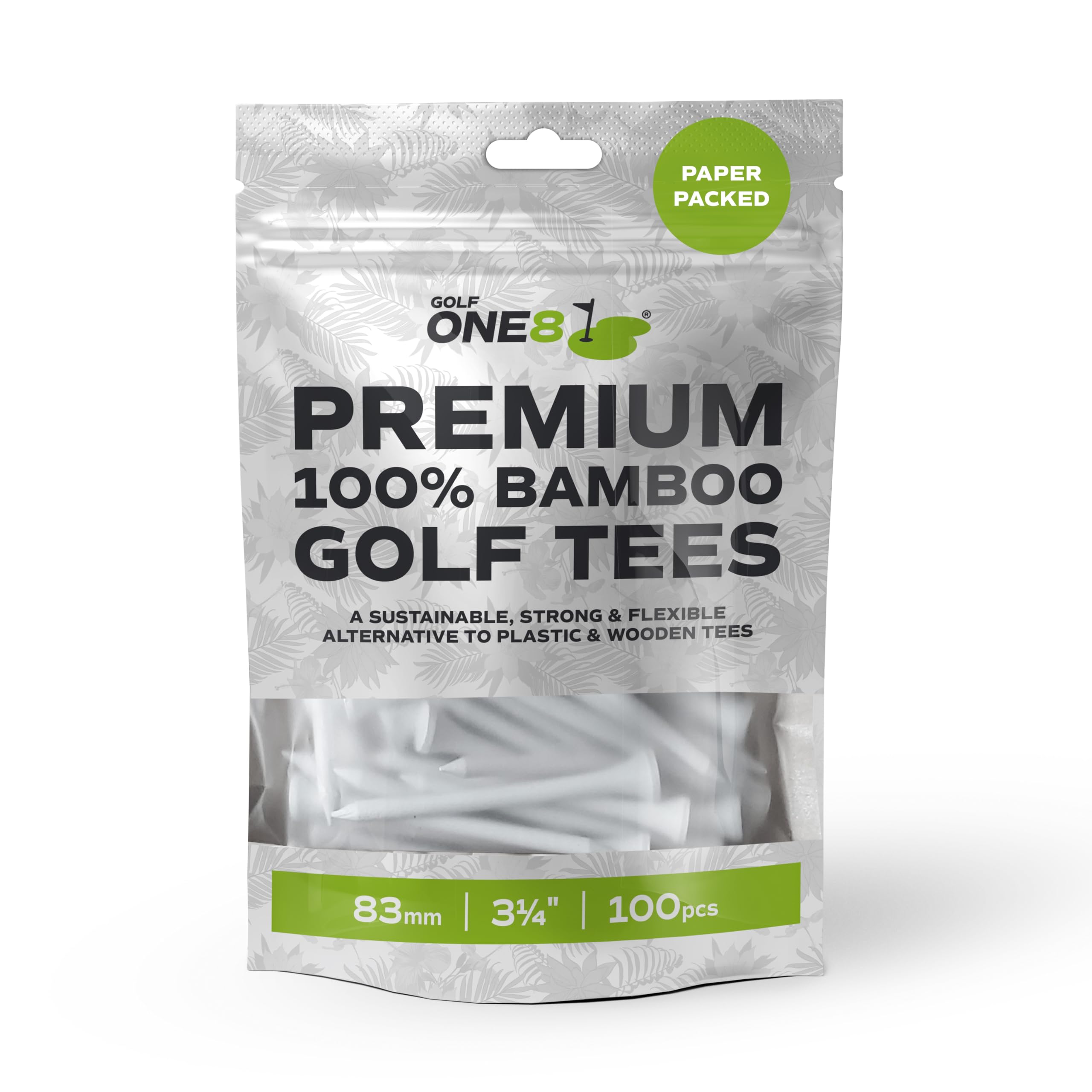 Golf One8 Golf Tees , 3 1/4" Inch - 83mm ,100 Tees , Premium 100% Bambo Golf Tees , 100% Bamboo , 100% Sustainable , 100% Biodegradable