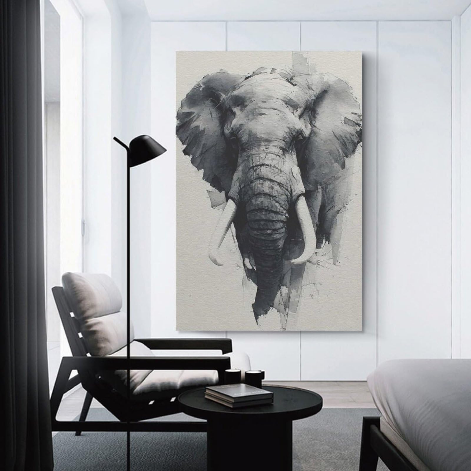 Junmoney Wall Decor Canvas Print Elephant Portrait in Grayscale Watercolor Style, 24x36inch(60x90cm), for Study, Office Or Focused Interiors, Wall Art That Adds Style to Work Areas