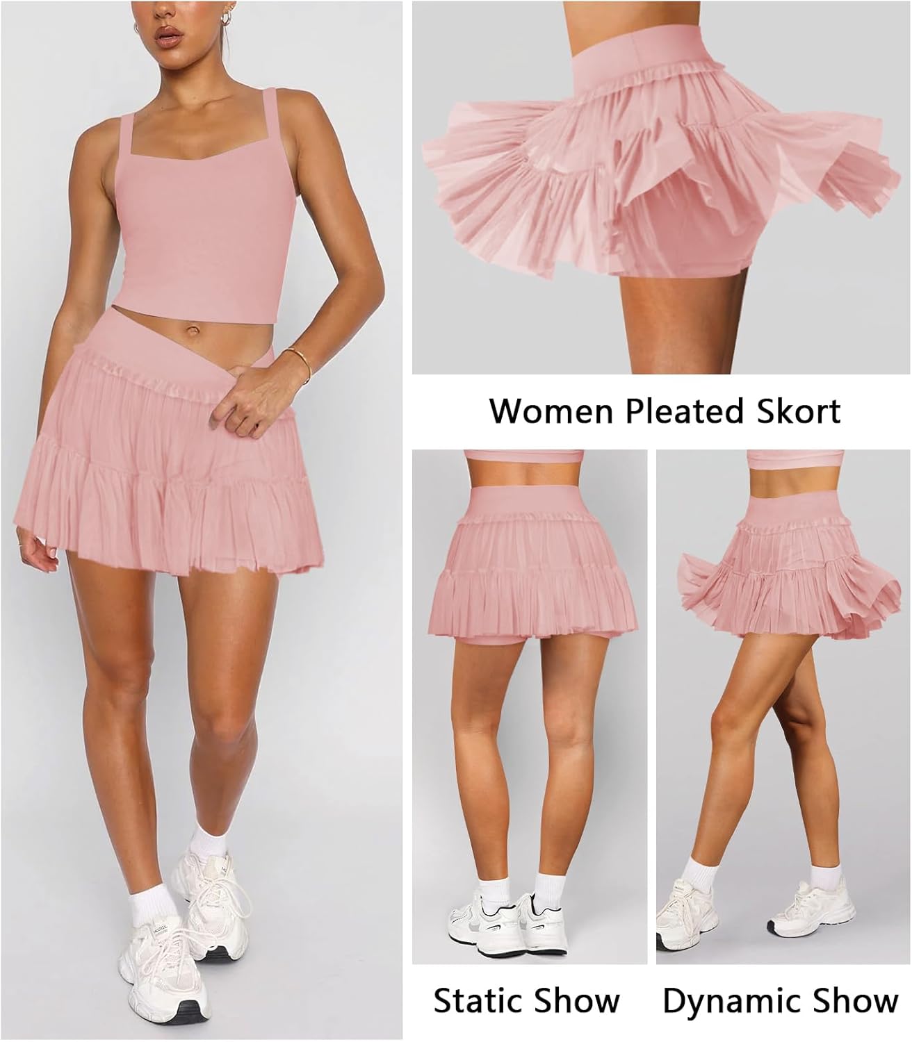 Women's Pleated Flowy Ruffle Tennis Skirt Skort for Women High Waisted Mini Athletic Golf Skirt with Shorts Pocket - Image 3